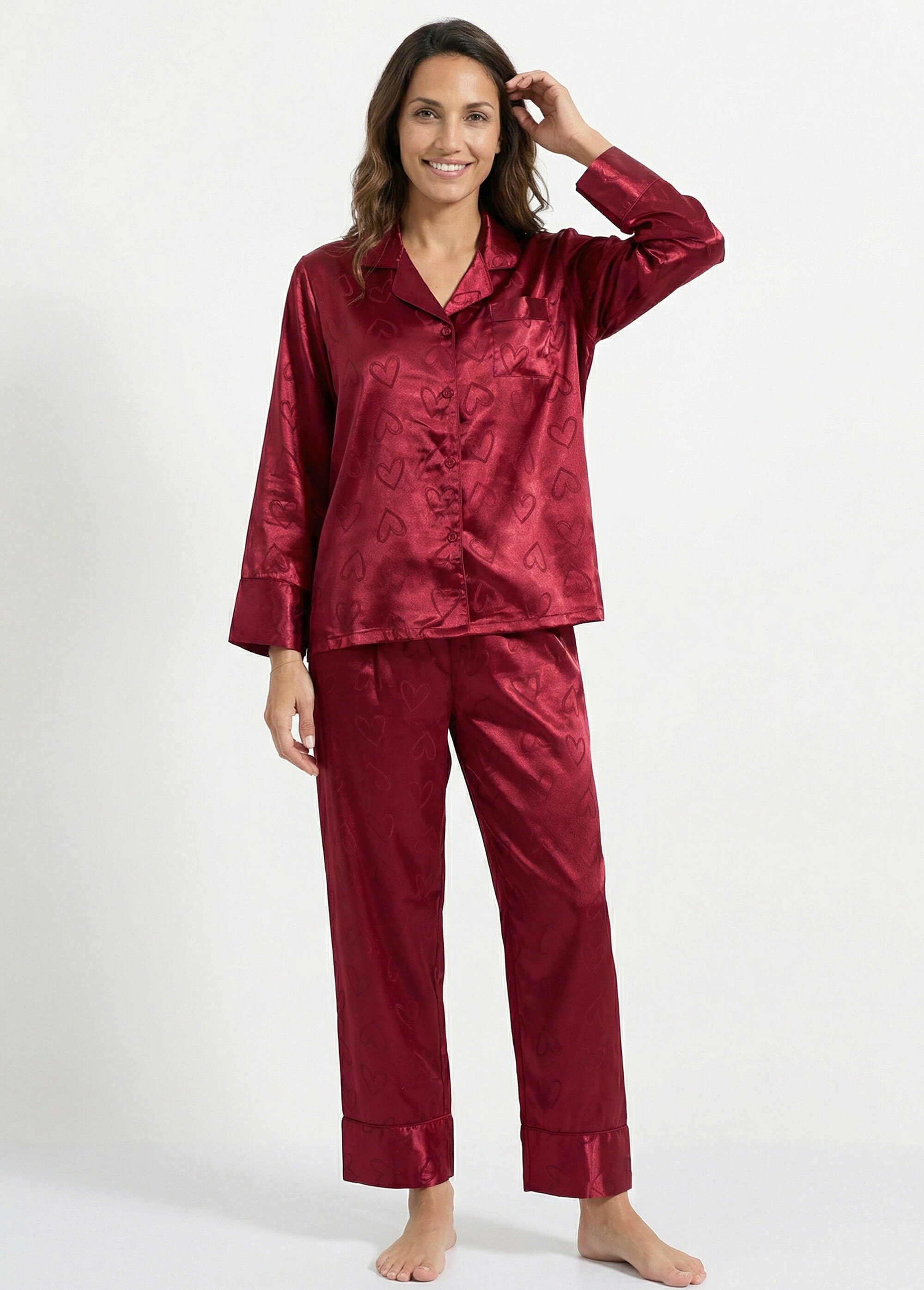 Pyjama long satin avec coeurs imprimés Femme Rouge H-NT055 MV1