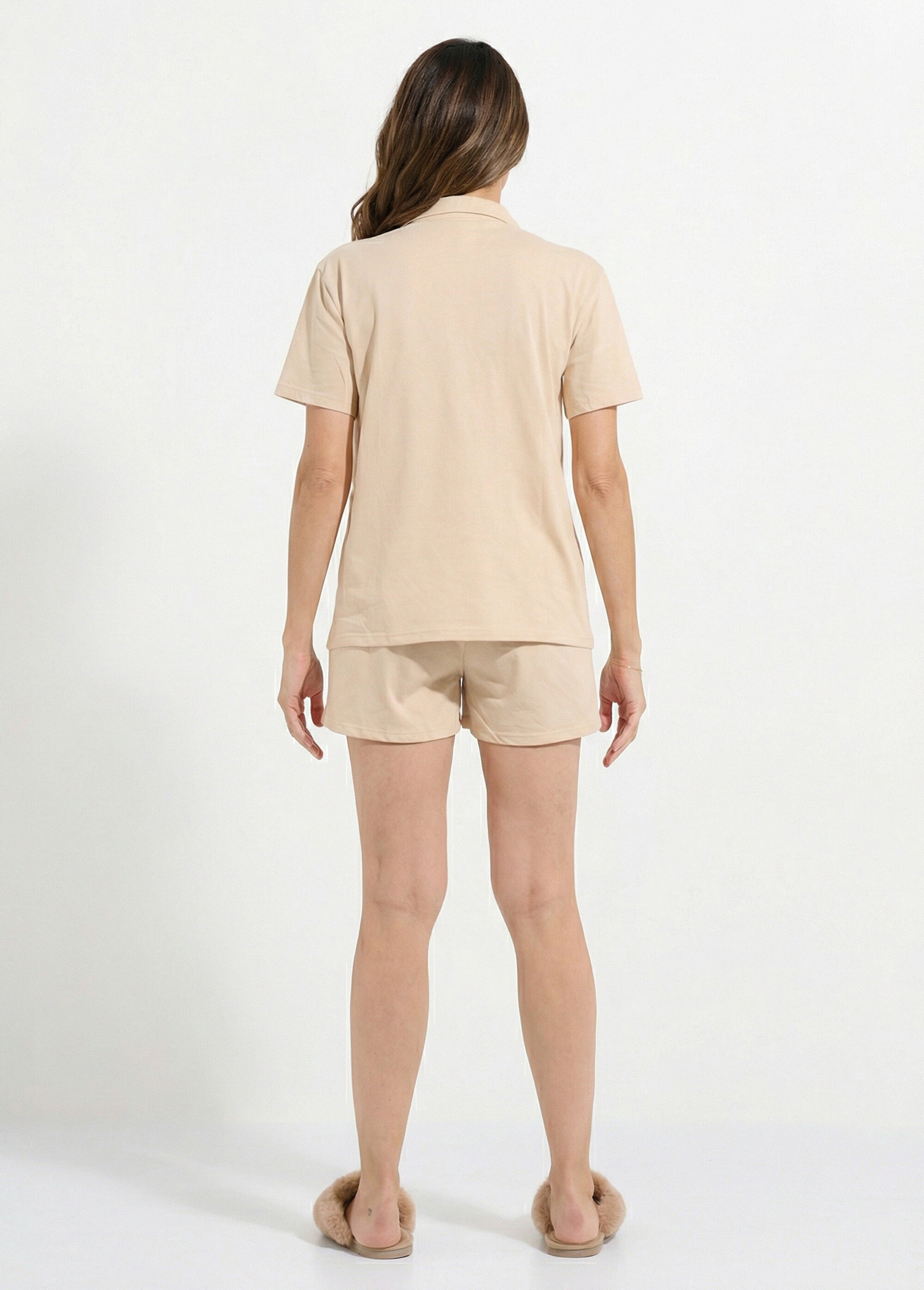 Pyjama short en jersey, col chemisier Femme Beige H-NT179 DO1