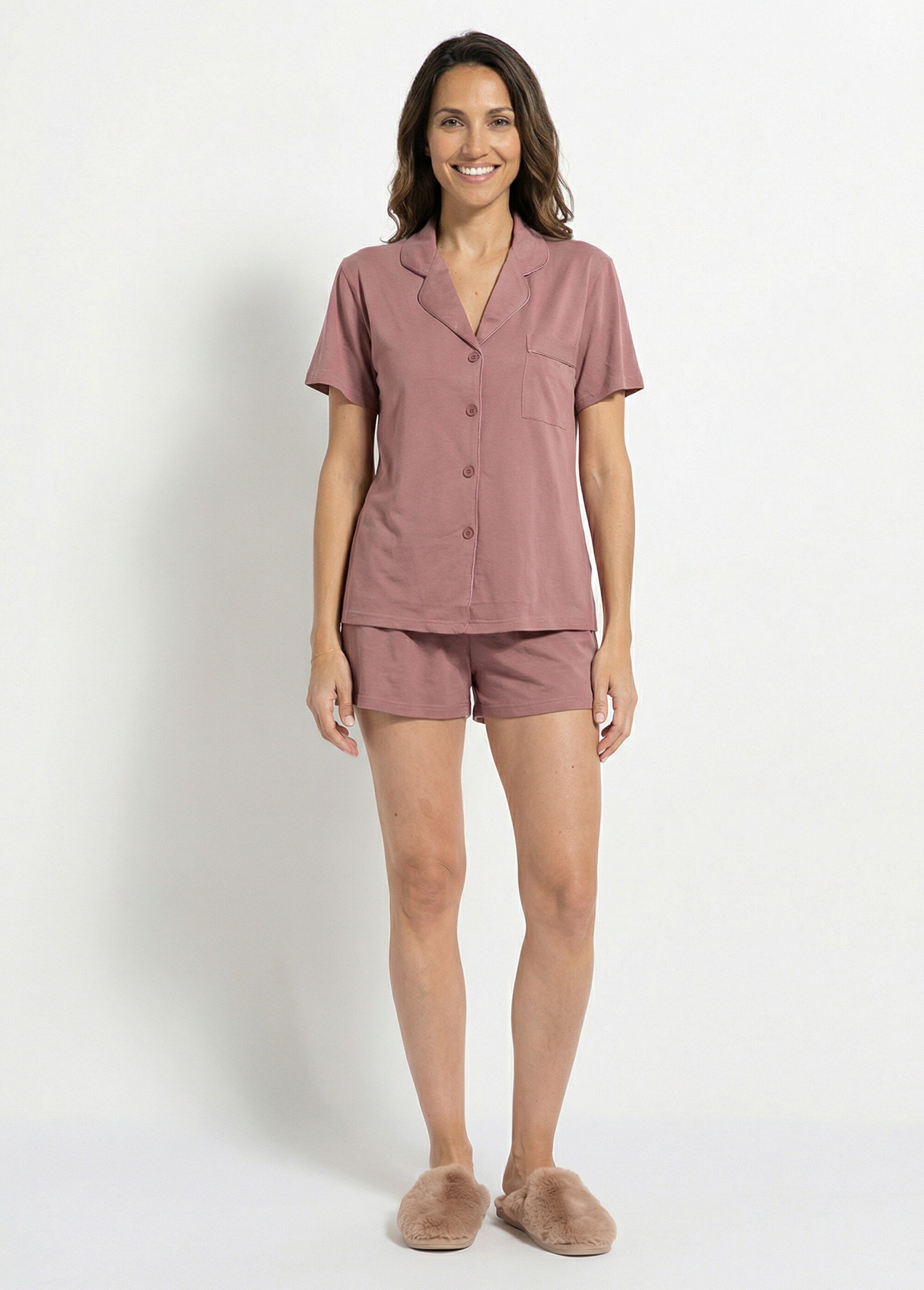 Pyjama short en jersey, col chemisier Femme Violet H-NT179 FA1