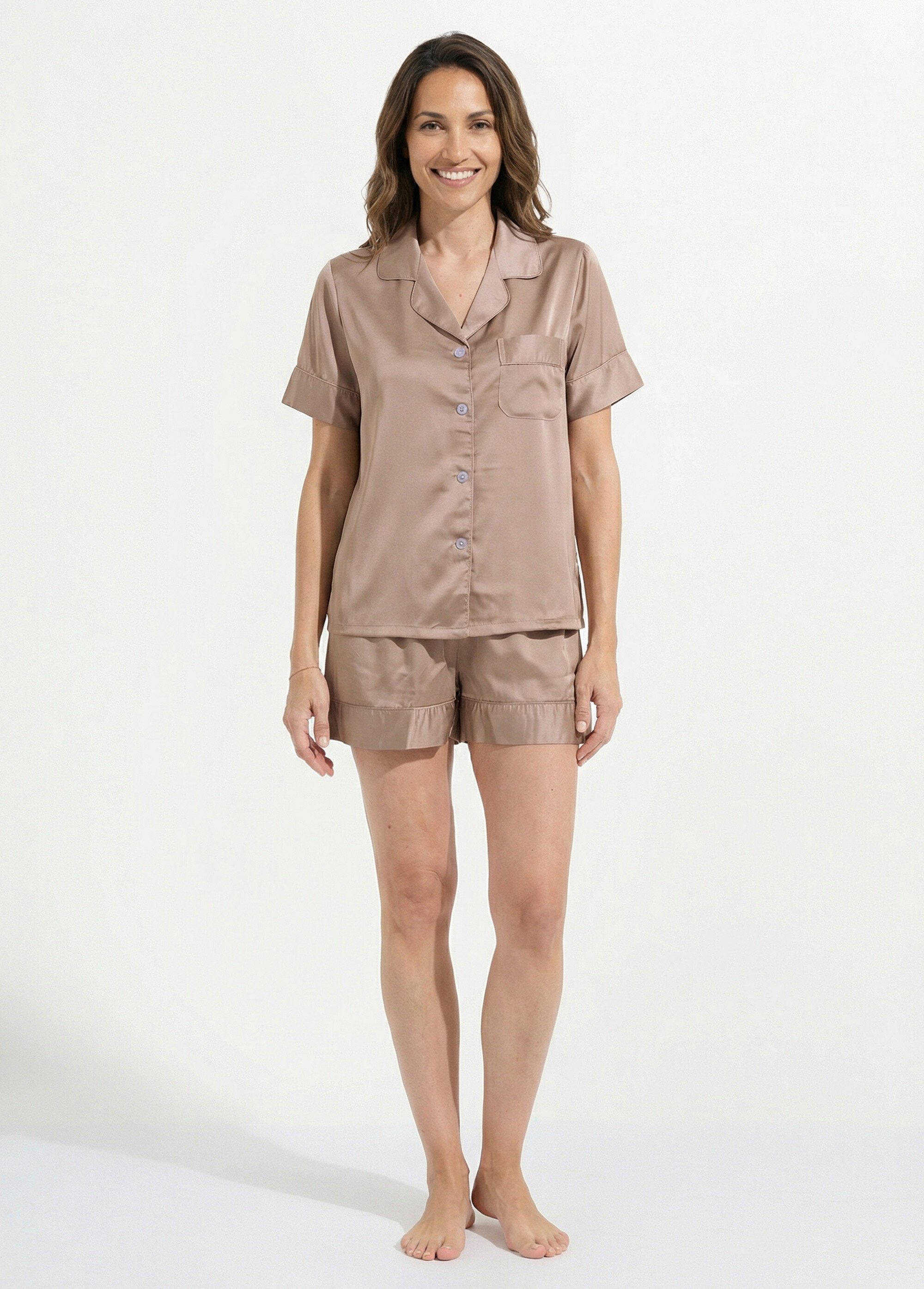 Pyjama short en satin, col chemisier Femme Marron H-N2102-1 FA1