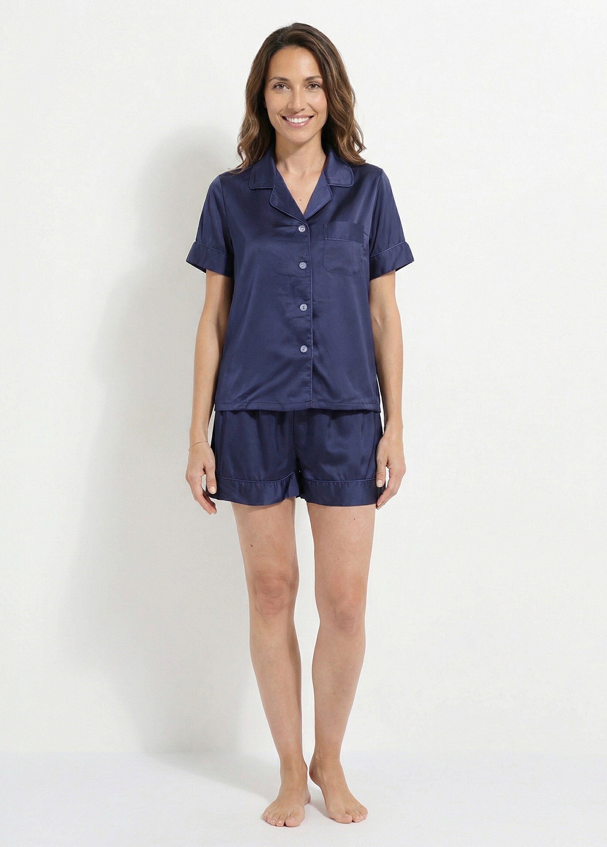 Pyjama short en satin, col chemisier Femme Bleu H-N2102-1 FA1