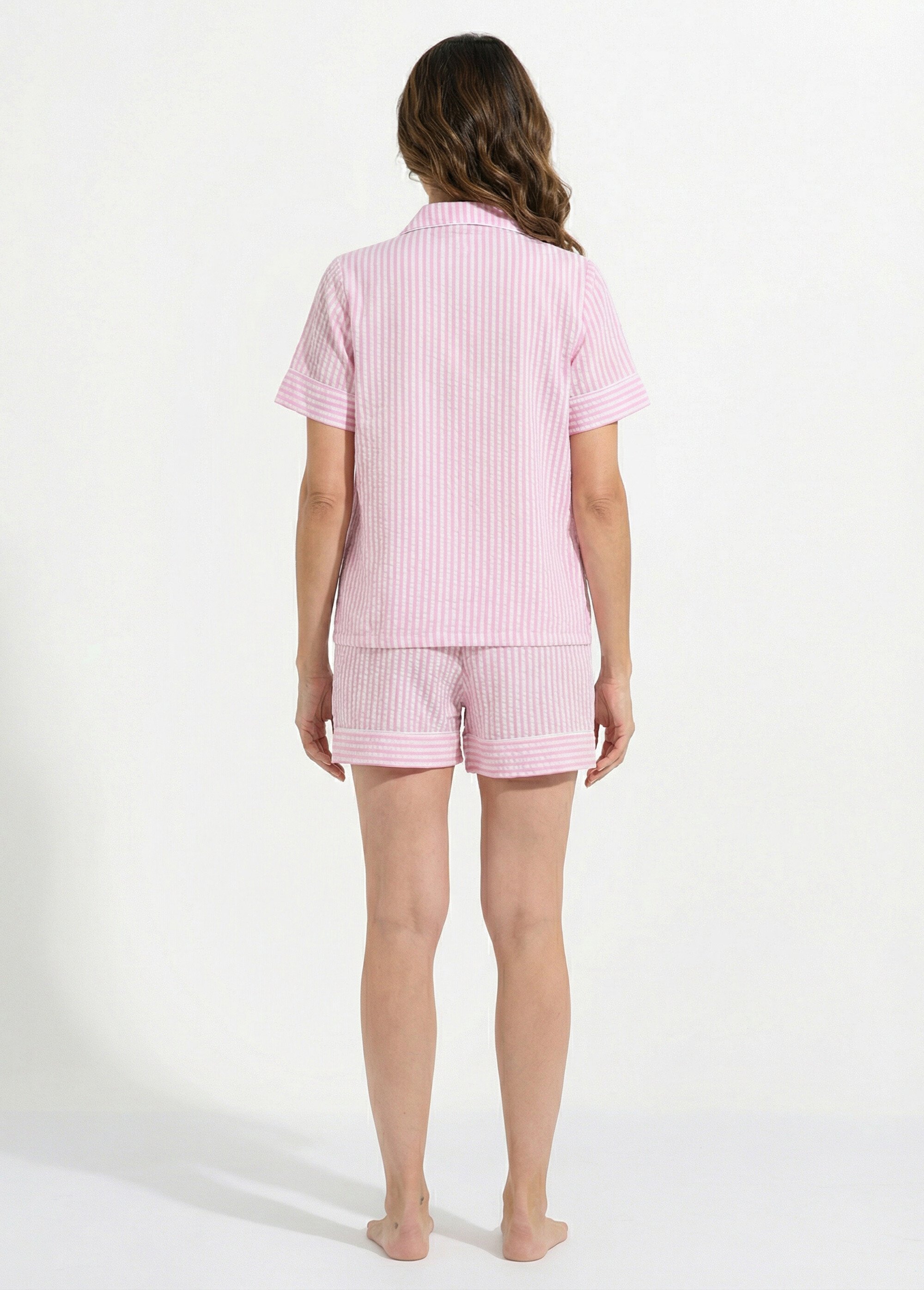 Pyjama short seersucker à rayures Femme Rose H-NT183 DO1
