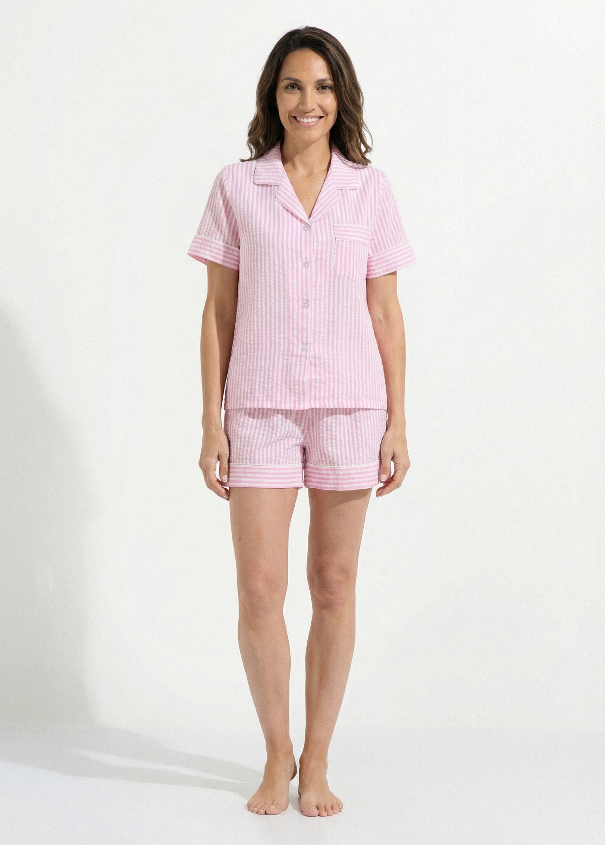 Pyjama short seersucker à rayures Femme Rose H-NT183 FA1
