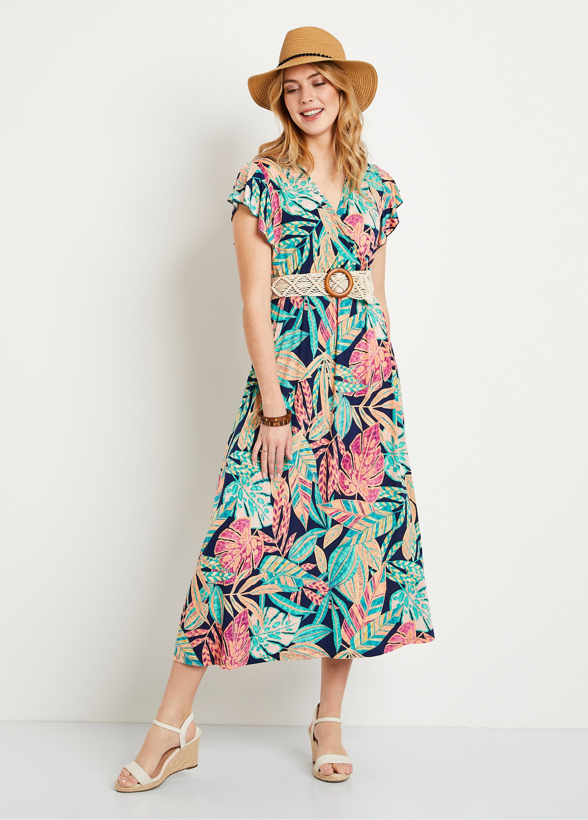 Robe cache-coeur longue feuillage Femme Vert ENCORE FA2