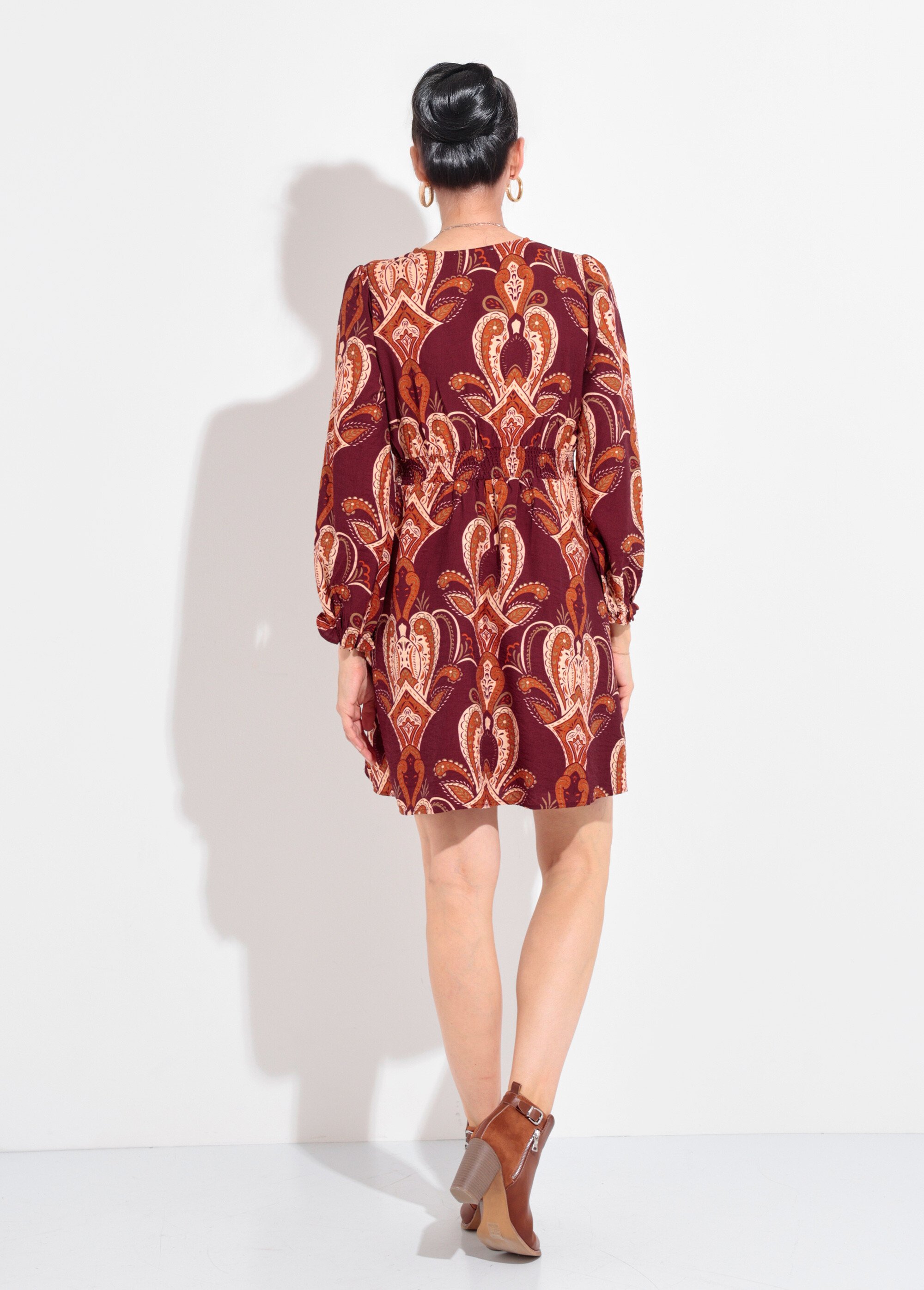 Robe courte col V imprimé cachemire Femme Rouge IA-R5927 DO1
