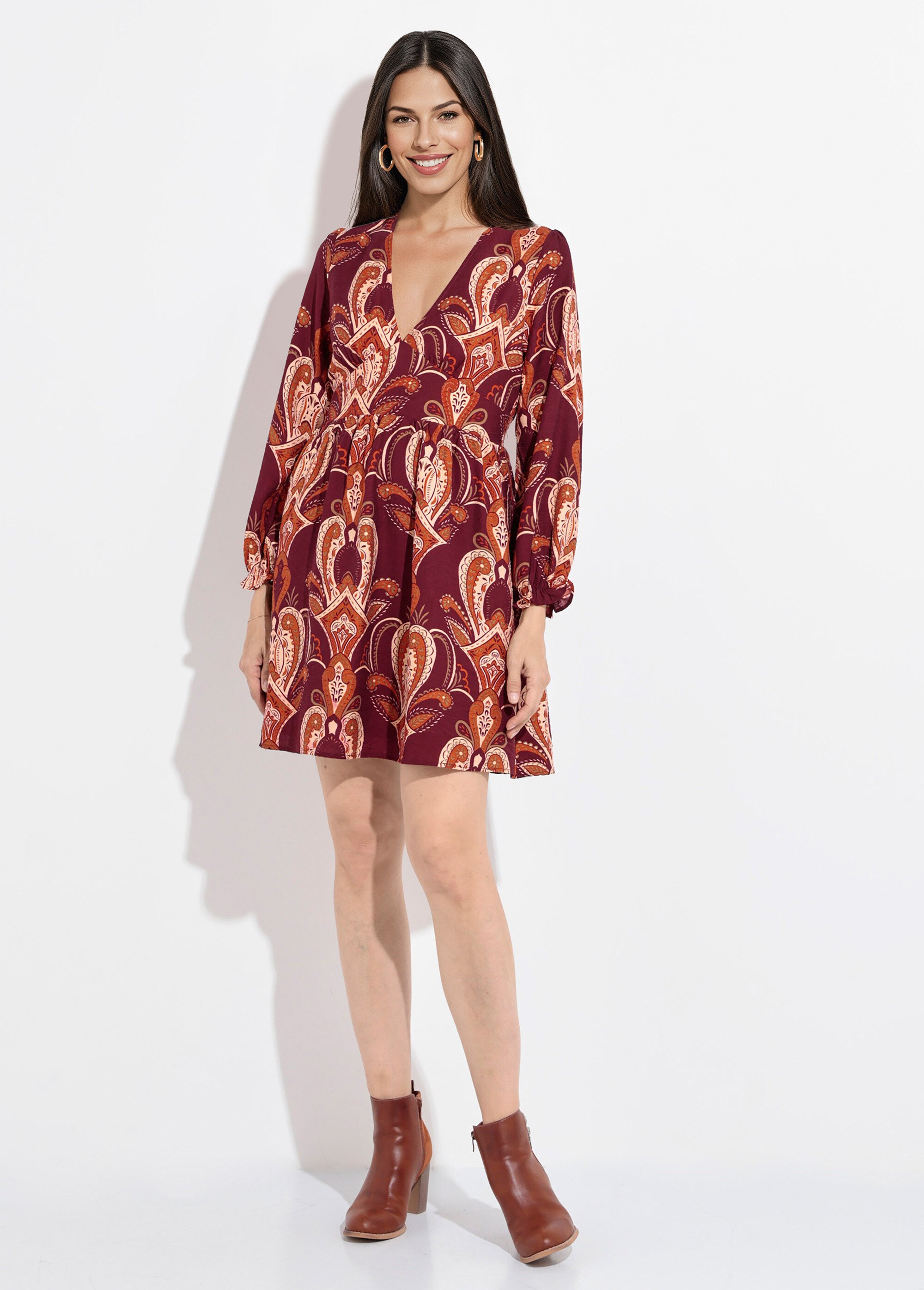 Robe courte col V imprimé cachemire Femme Rouge IA-R5927 FA1