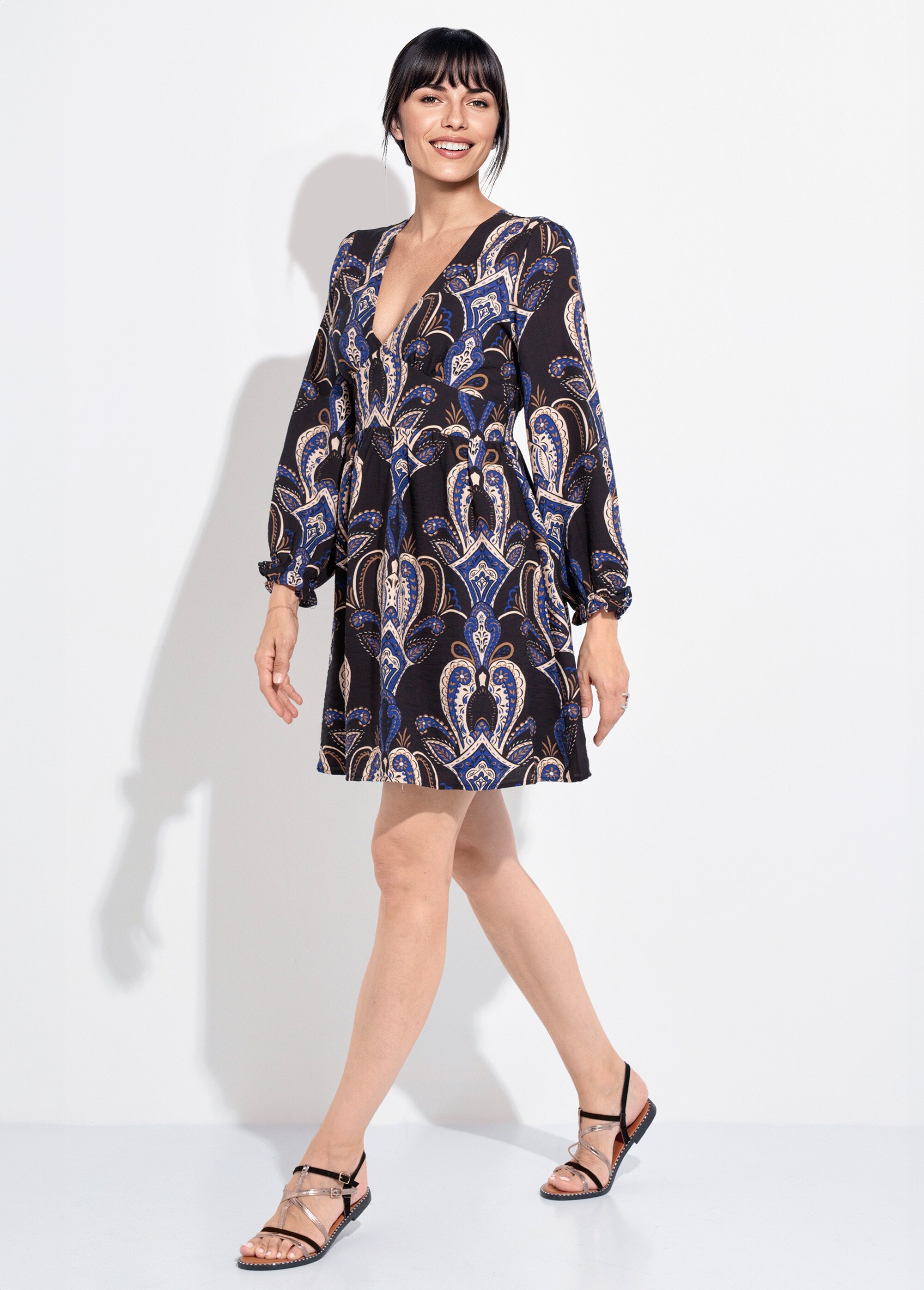 Robe courte col V imprimé cachemire Femme Bleu IA-R5927 FA1