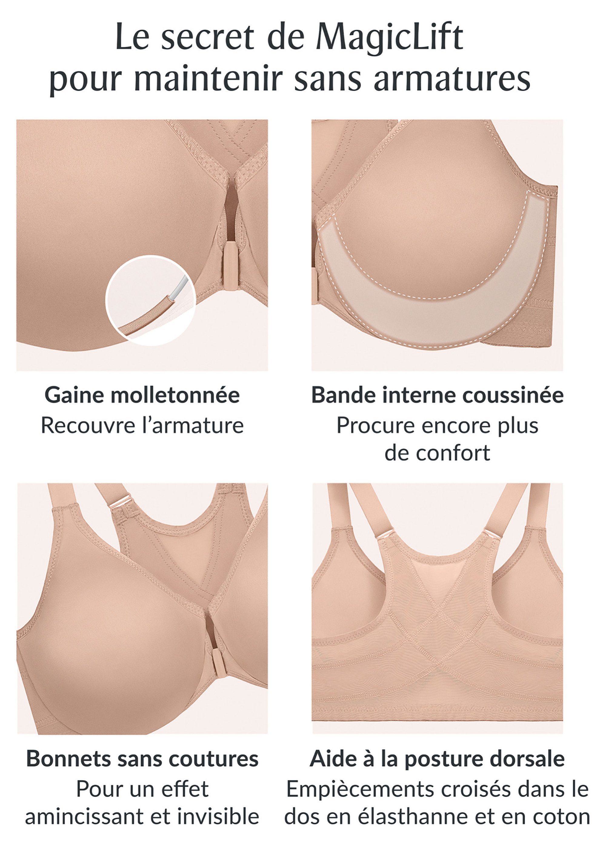 Soutien-gorge WonderWire Grandes Tailles Aide à la Posture, à Armatures et Fermeture Frontale n°9265 Femme Grande Taille Beige 9265 DE1