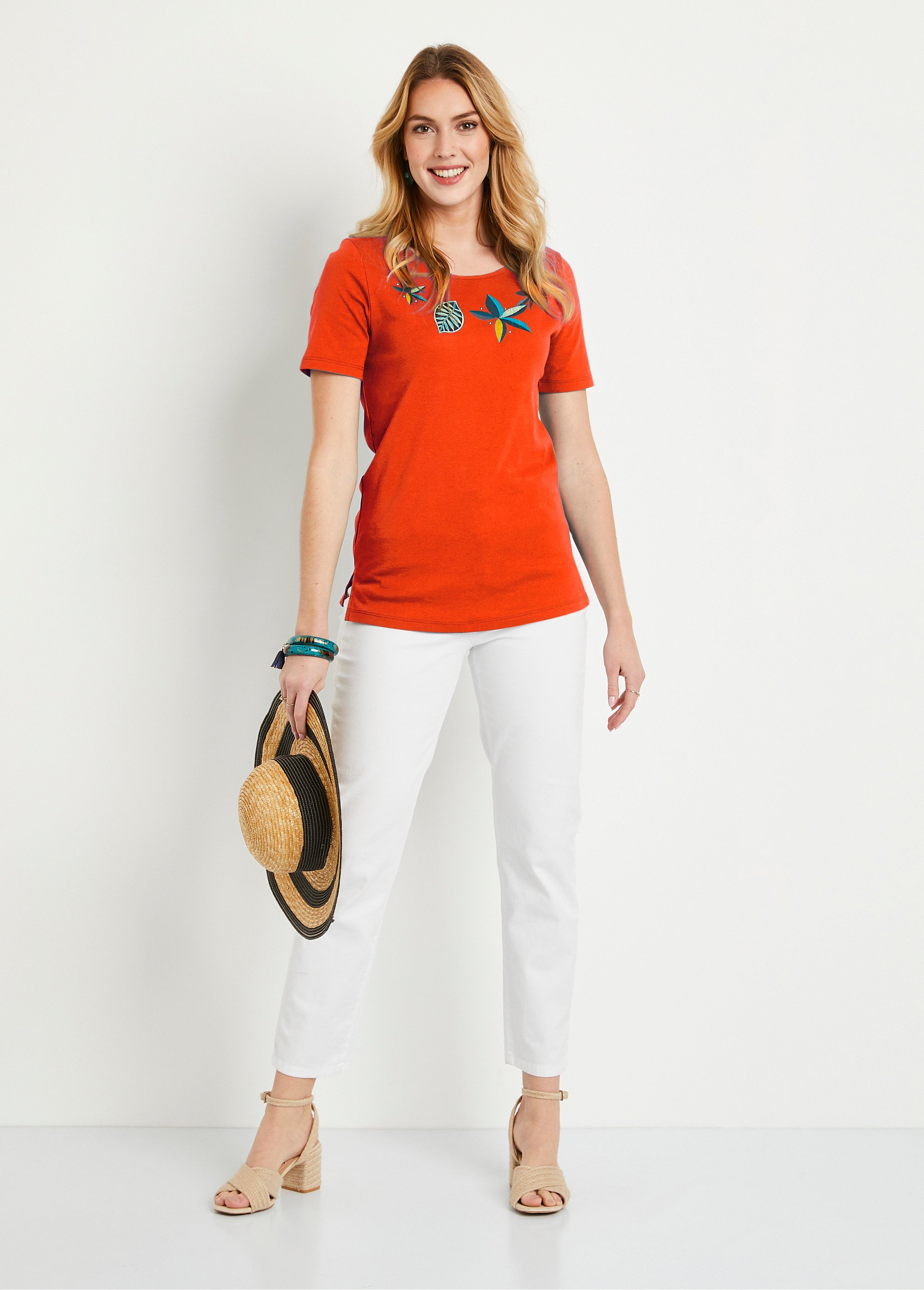 Unbranded - rouge et orange manches rayées Haut en coton, taille M