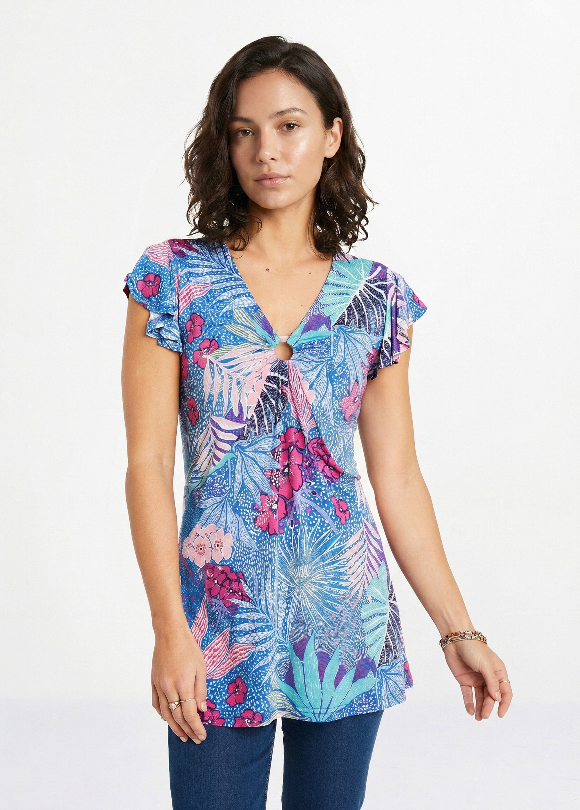 T-shirt long évasé col V drapé Femme Bleu CROLLON FA1