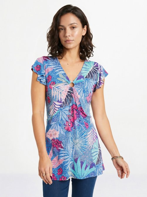 T-shirt long évasé col V drapé Femme Bleu CROLLON FA1