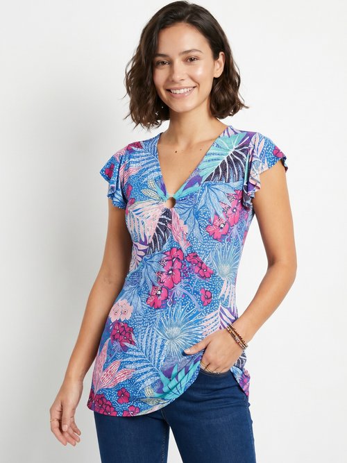 T-shirt long évasé col V drapé Femme Bleu CROLLON MV1