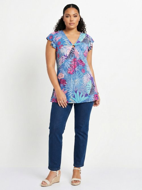 T-shirt long évasé col V drapé Femme Grande Taille Bleu CROLLON SI1