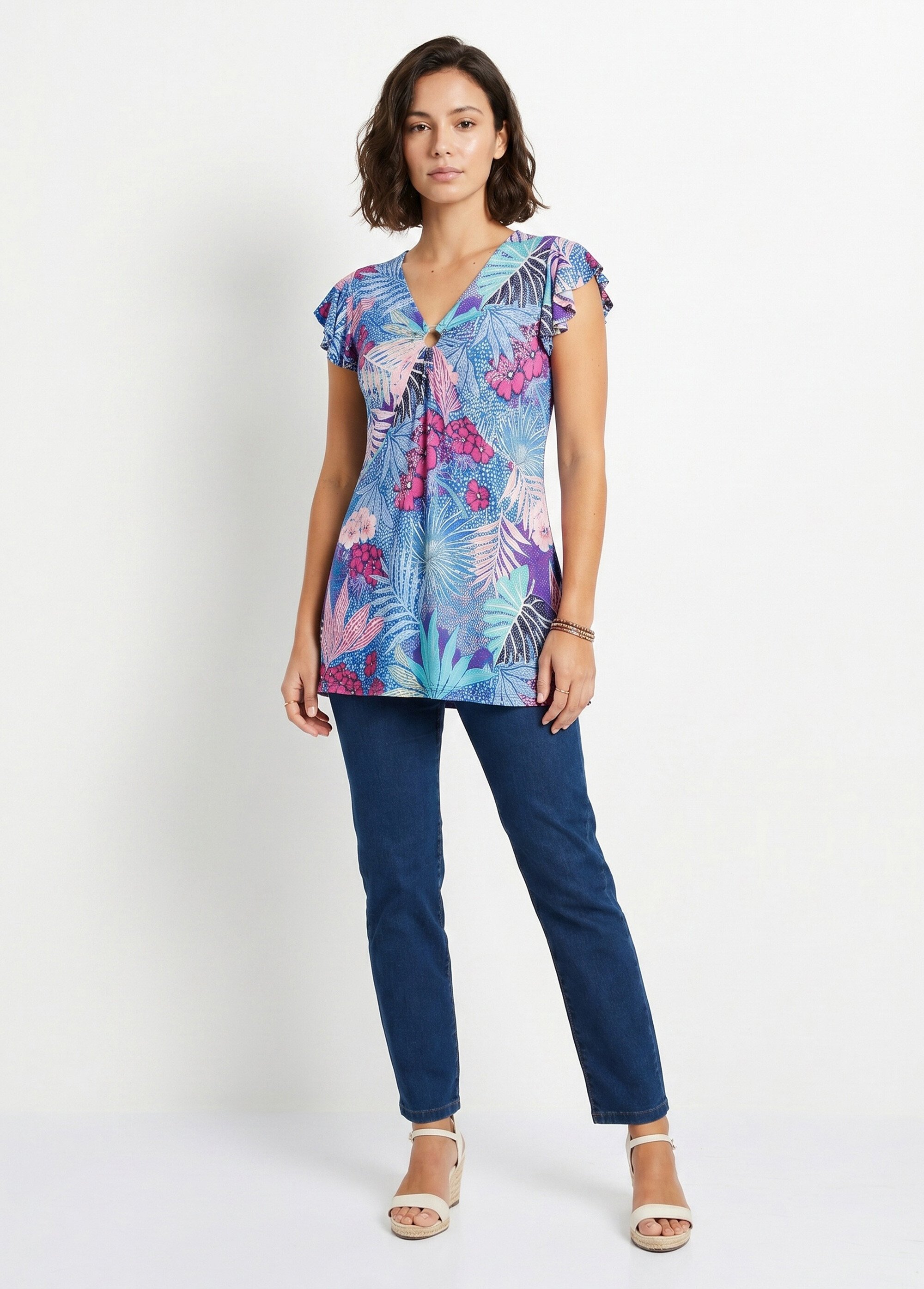 T-shirt long évasé col V drapé Femme Bleu CROLLON SI1