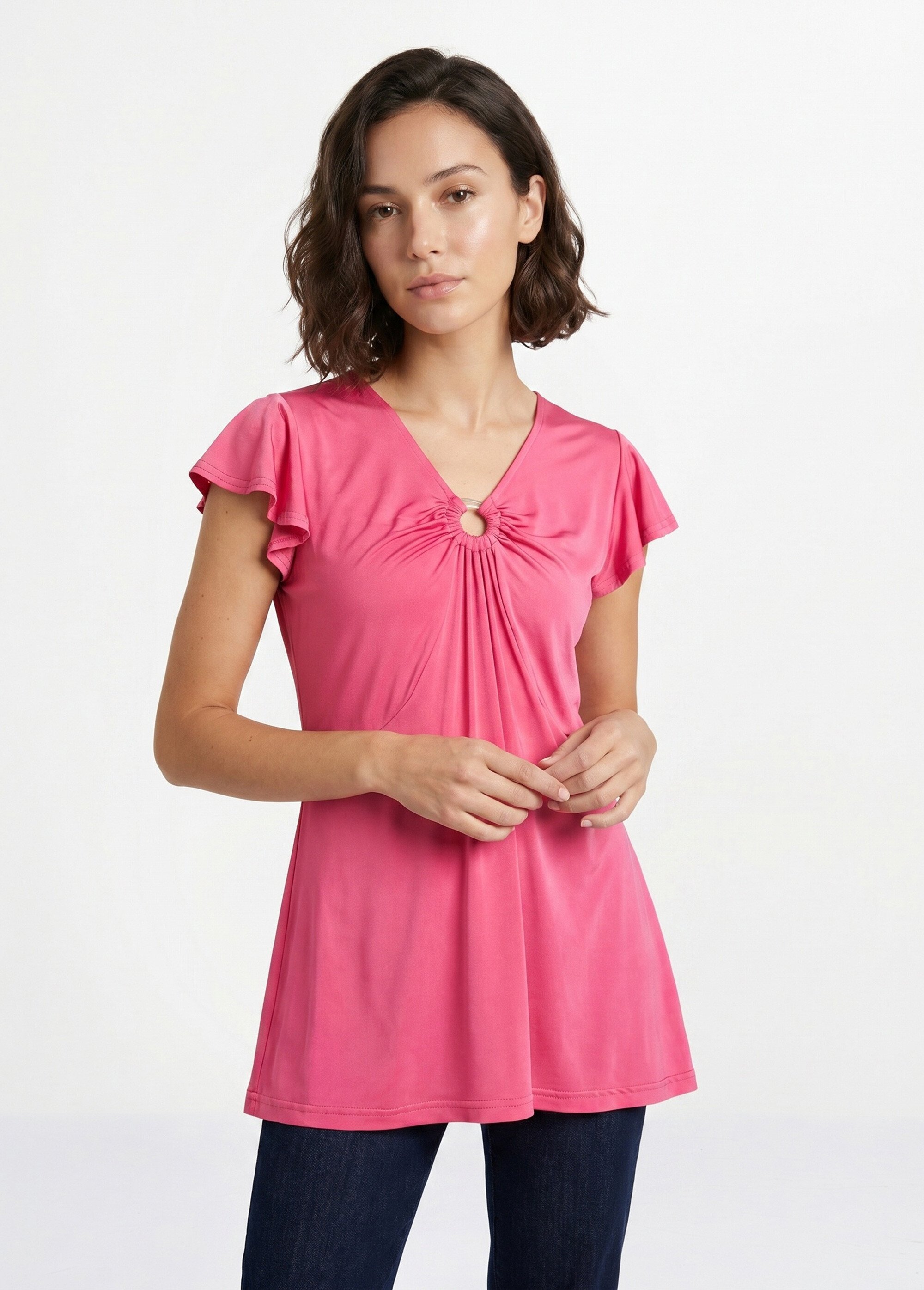 T-shirt long évasé col V drapé