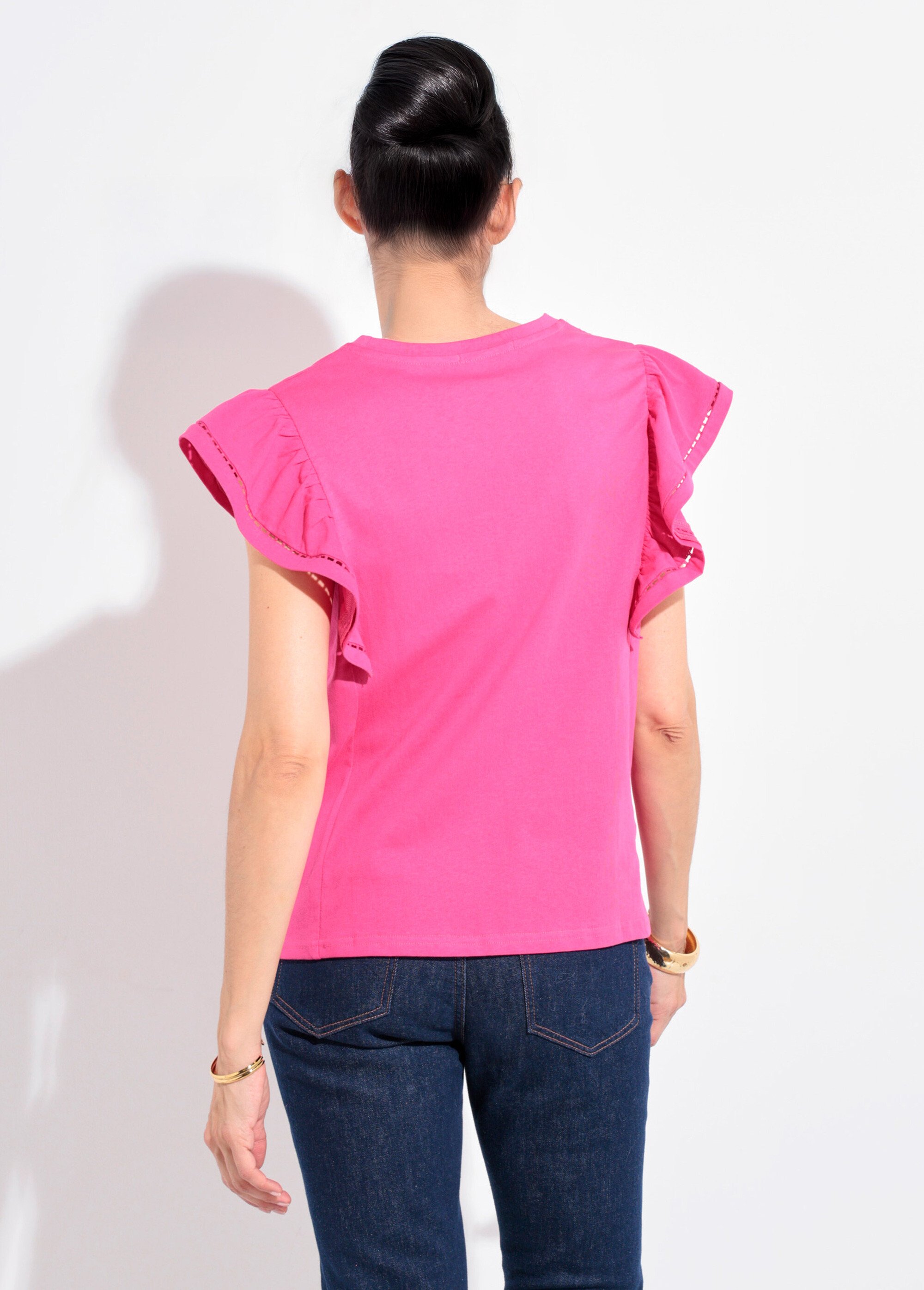 T-shirt manches courtes volantées ajourées Femme Rose JB-TS0031 DO1