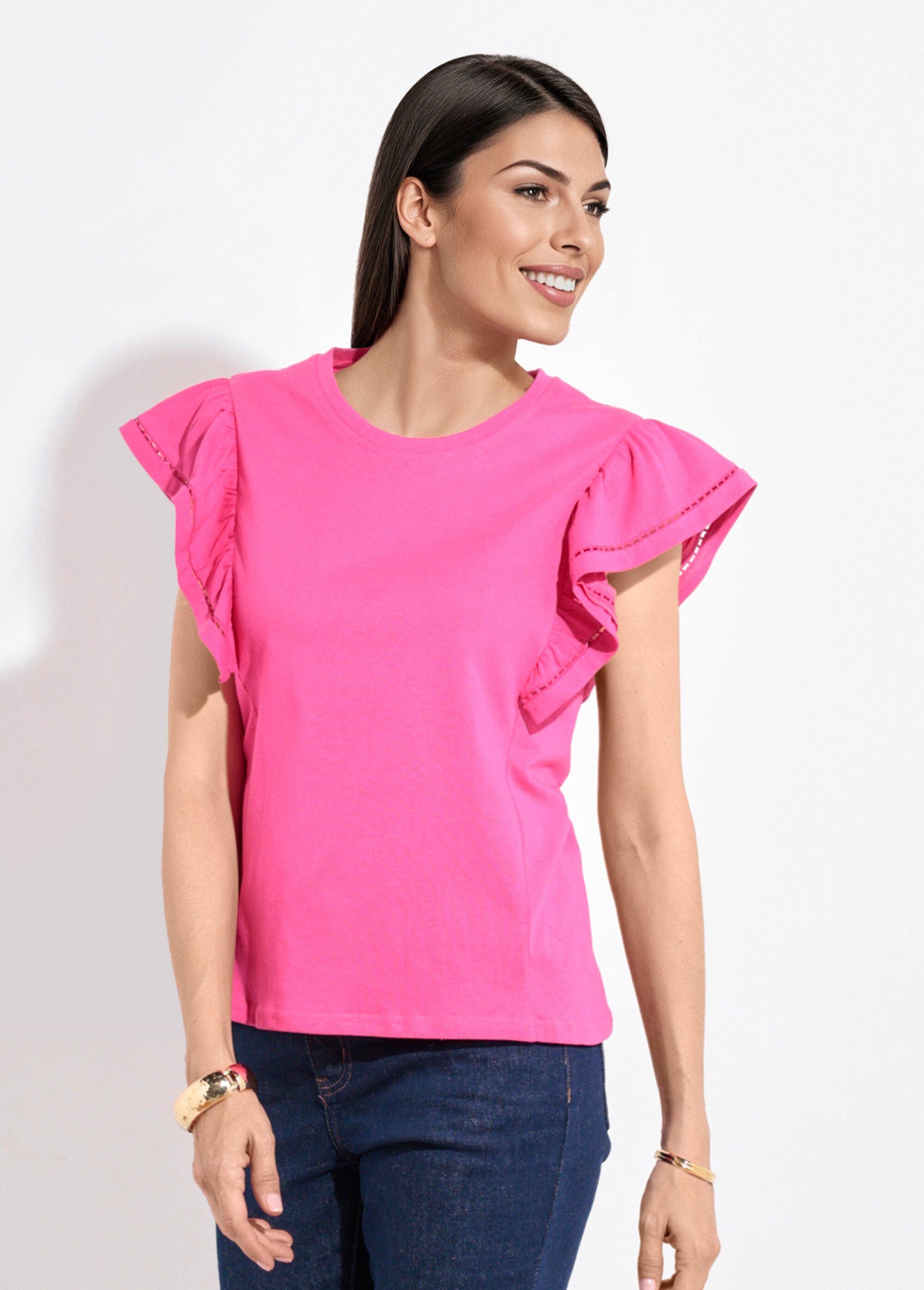 T-shirt manches courtes volantées ajourées Femme Rose JB-TS0031 FA1