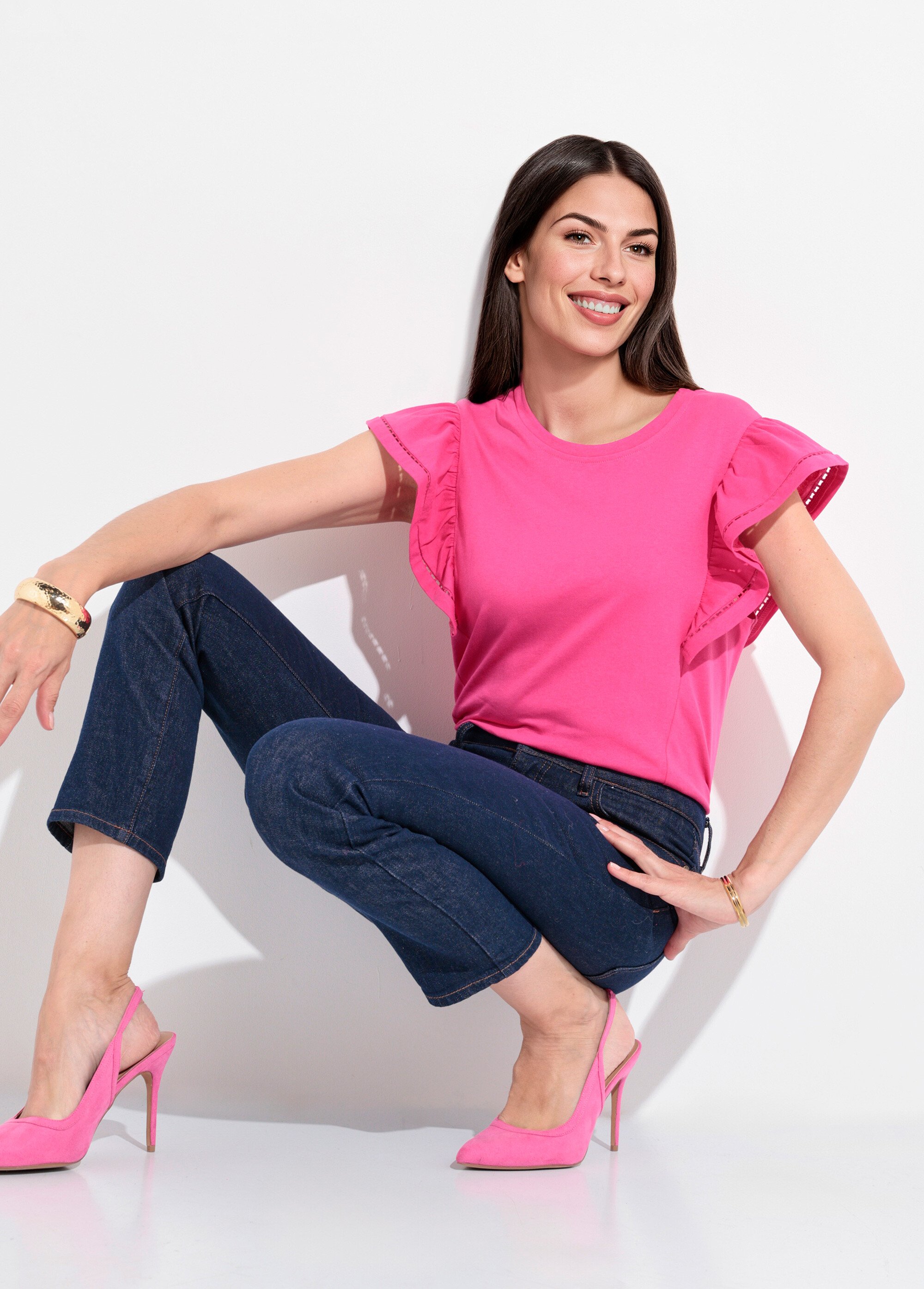 T-shirt manches courtes volantées ajourées Femme Rose JB-TS0031 MV1