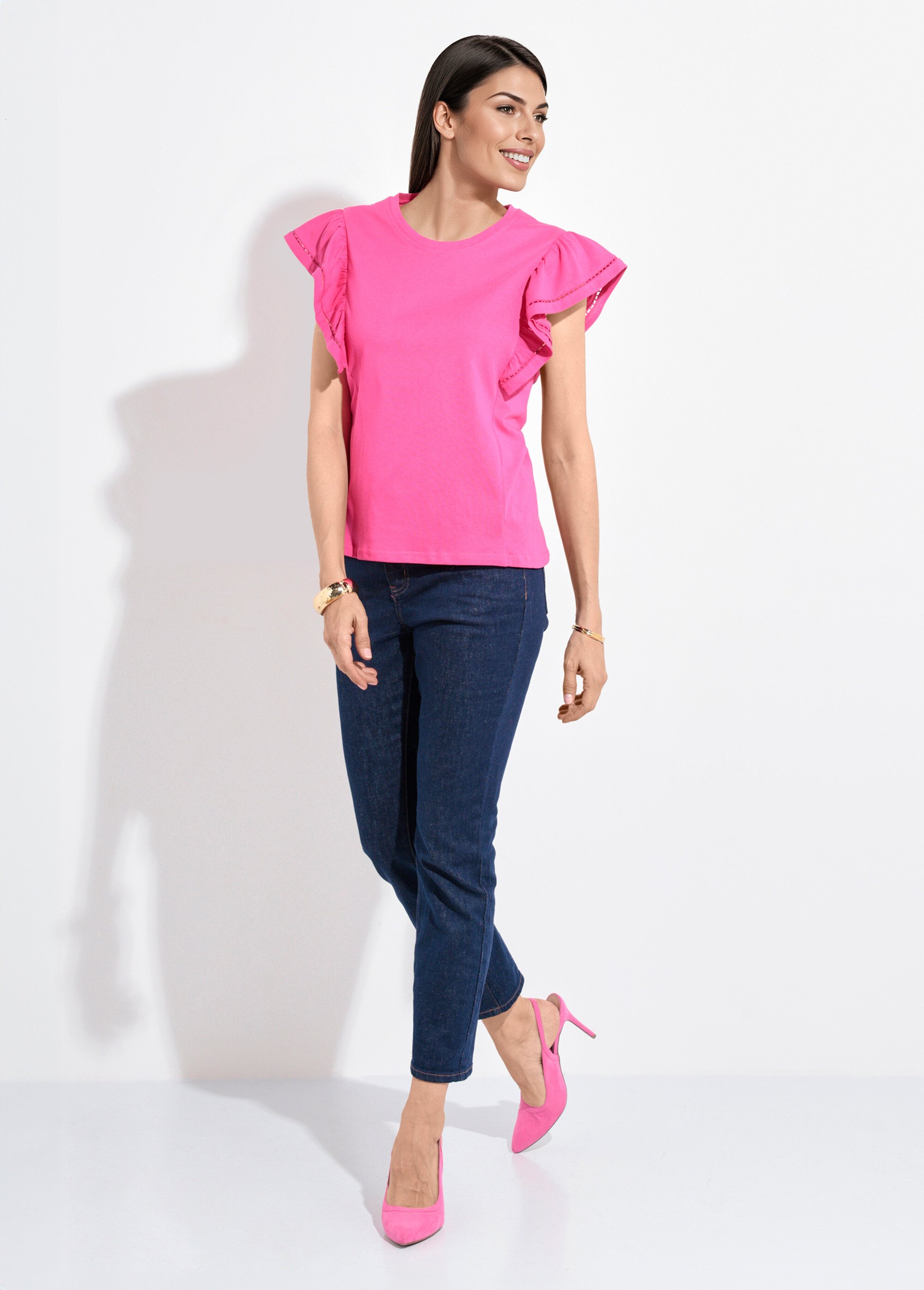 T-shirt manches courtes volantées ajourées Femme Rose JB-TS0031 SF1