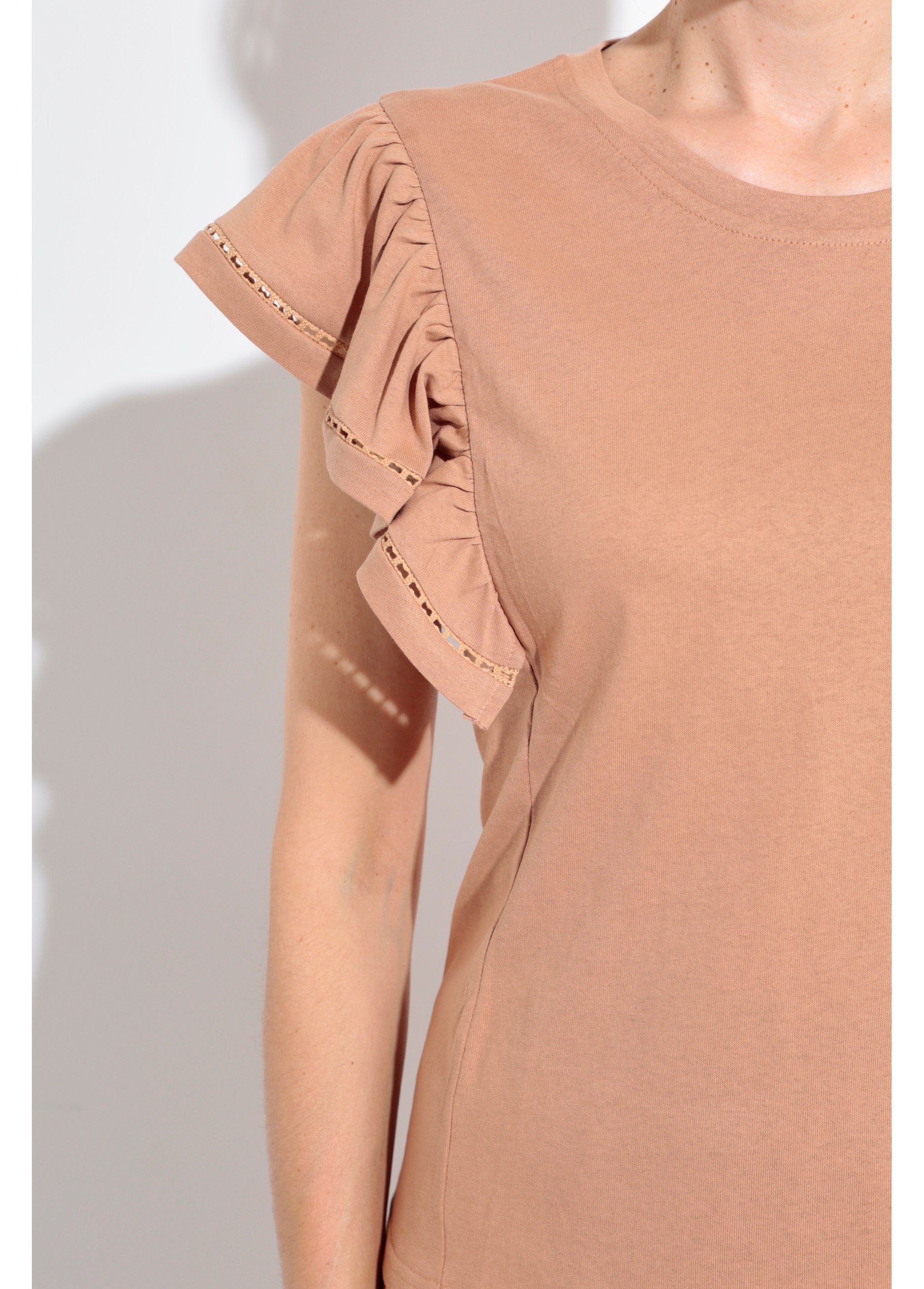 T-shirt manches courtes volantées ajourées Femme Beige JB-TS0031 DE1