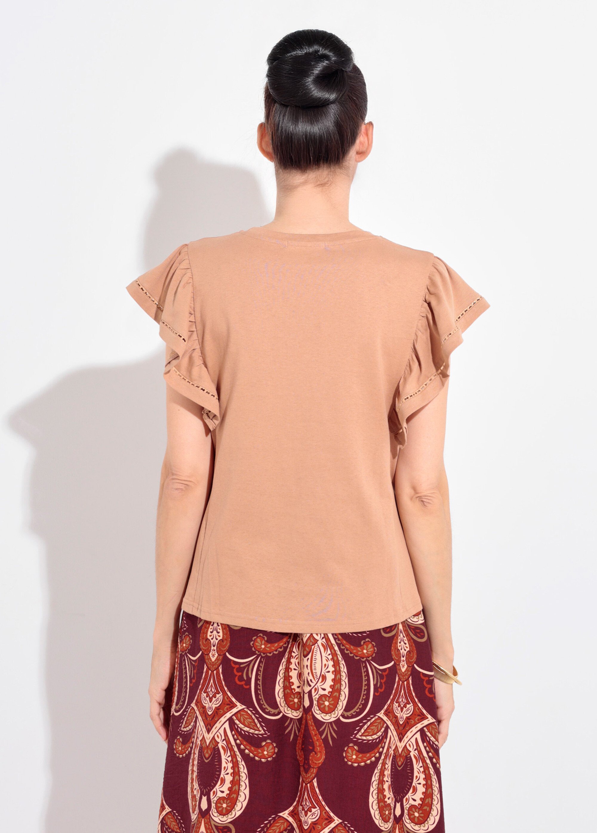 T-shirt manches courtes volantées ajourées Femme Beige JB-TS0031 DO1