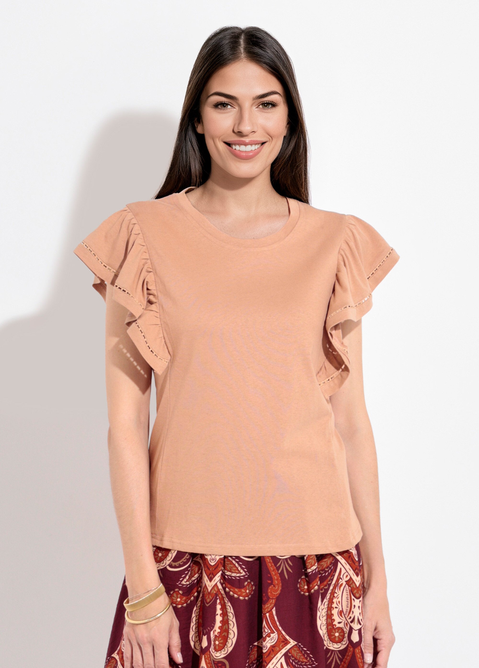 T-shirt manches courtes volantées ajourées Femme Beige JB-TS0031 FA1