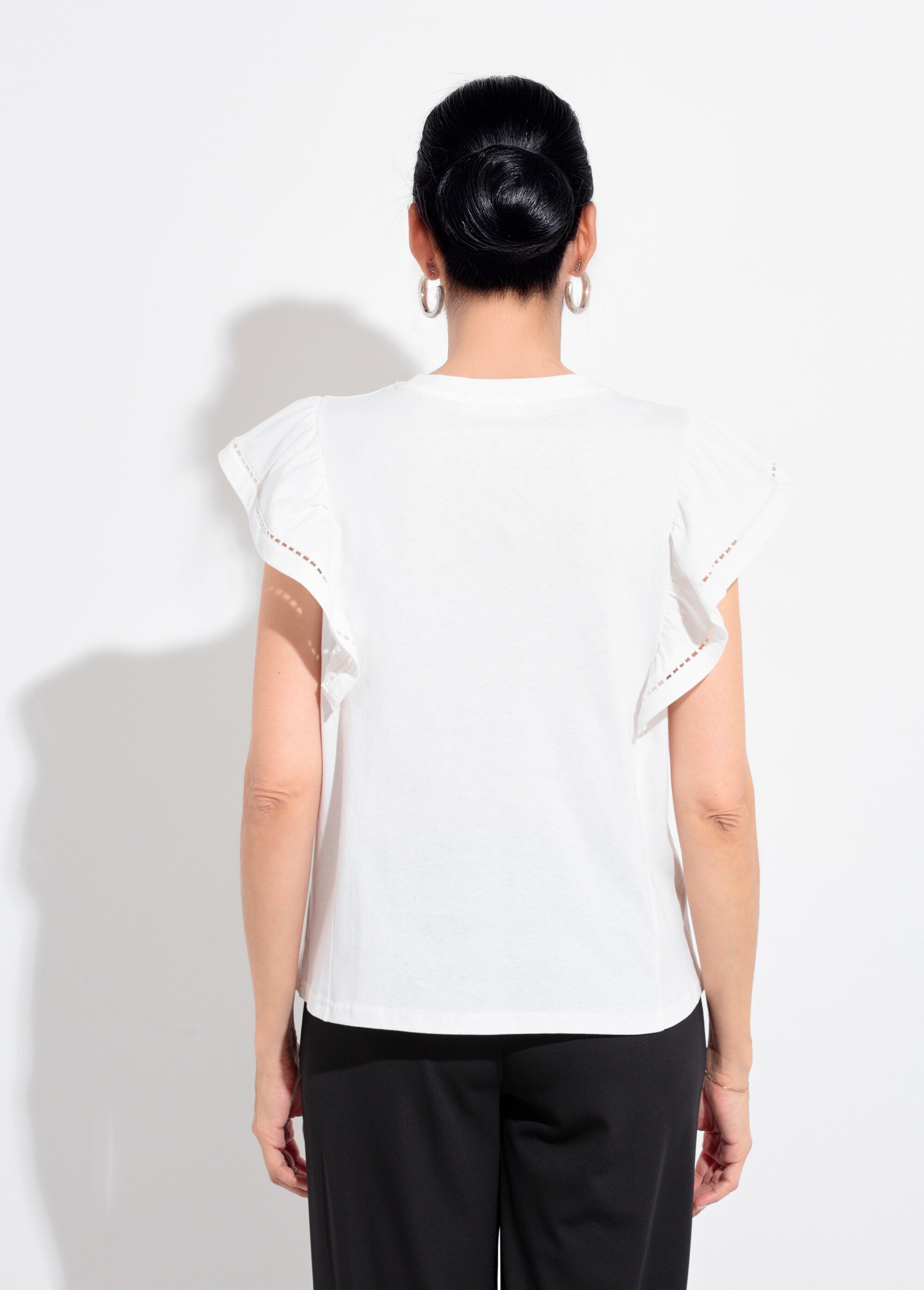 T-shirt manches courtes volantées ajourées Femme Blanc JB-TS0031 DO1