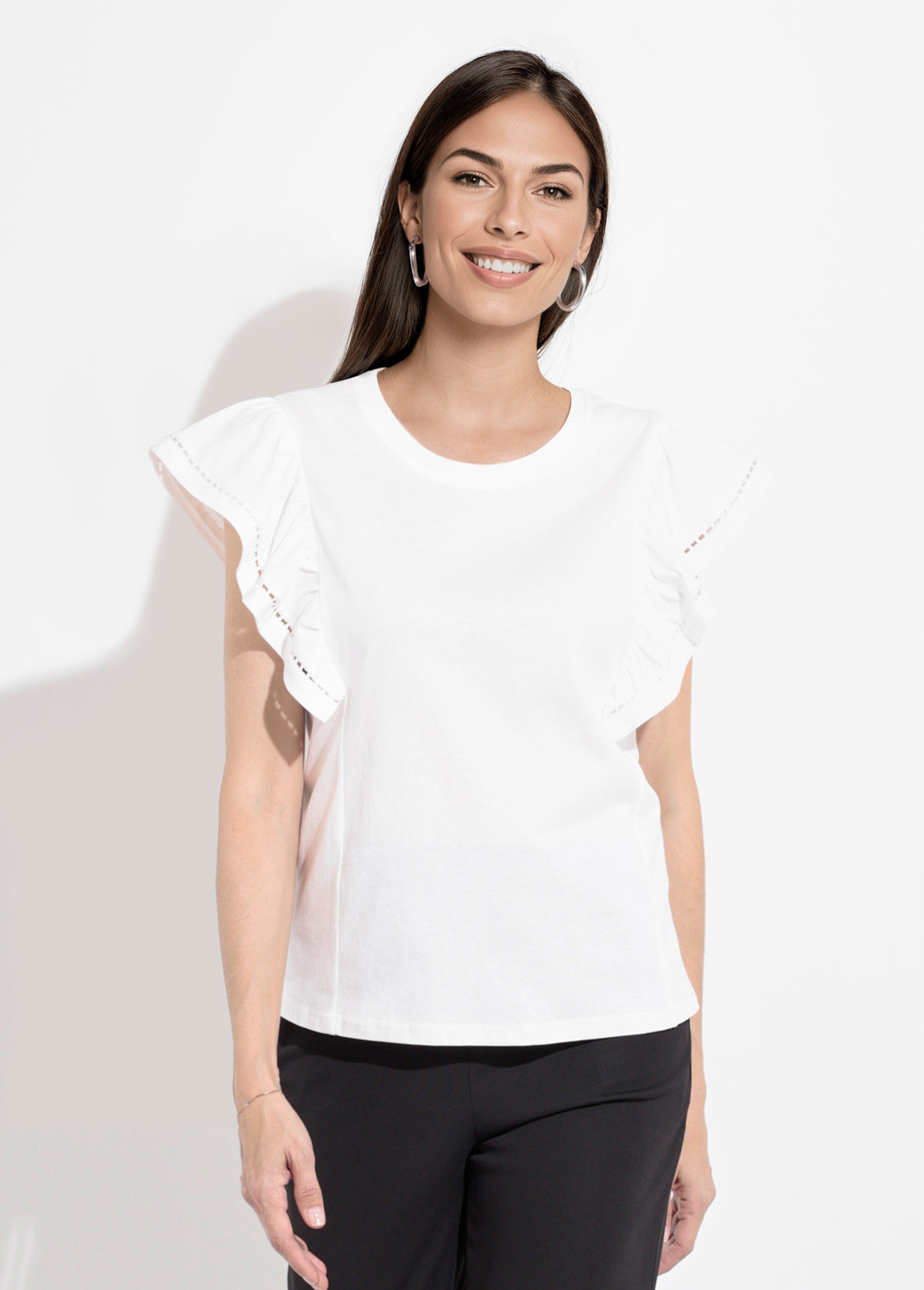 T-shirt manches courtes volantées ajourées Femme Blanc JB-TS0031 FA1