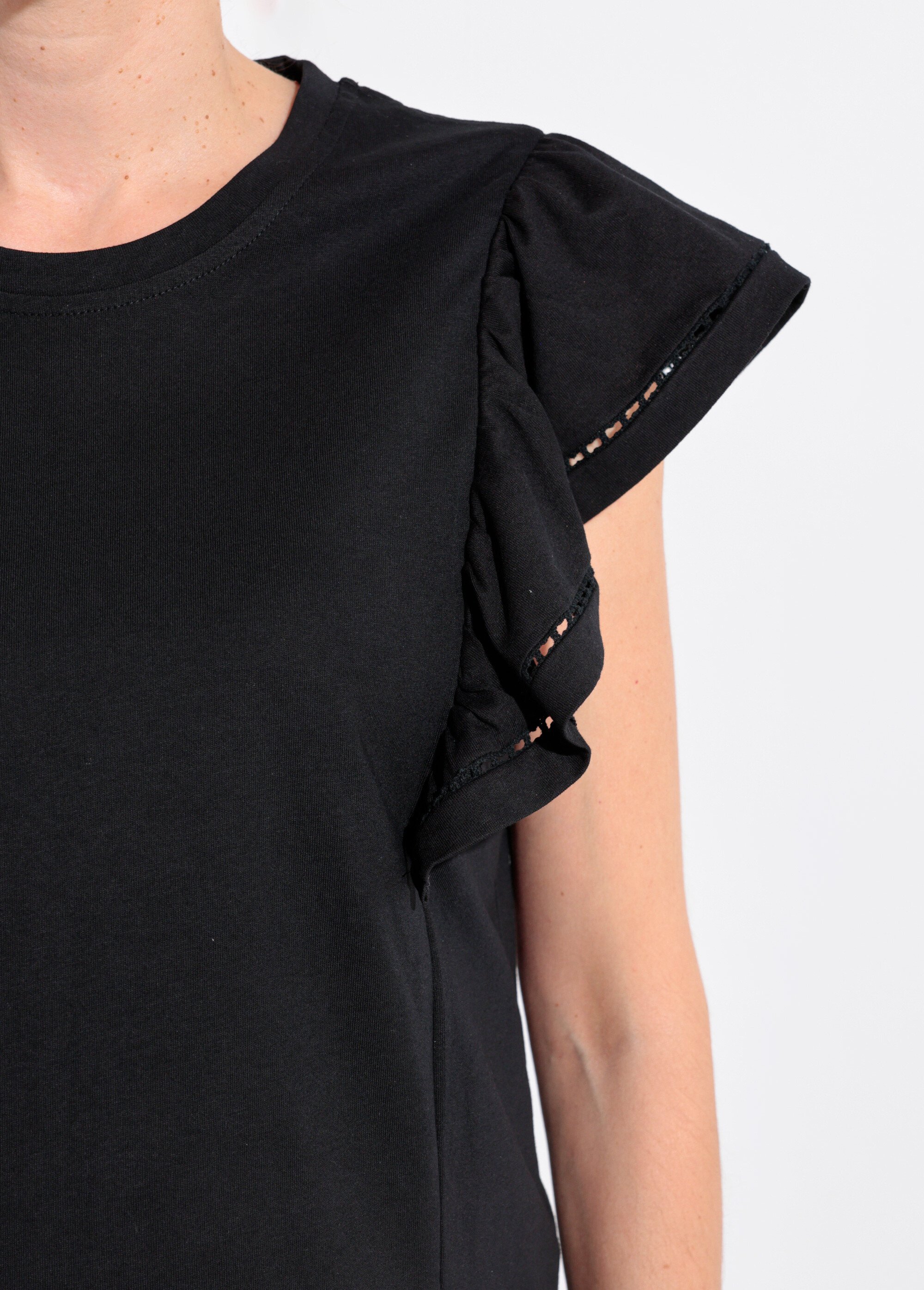 T-shirt manches courtes volantées ajourées Femme Noir JB-TS0031 DE2