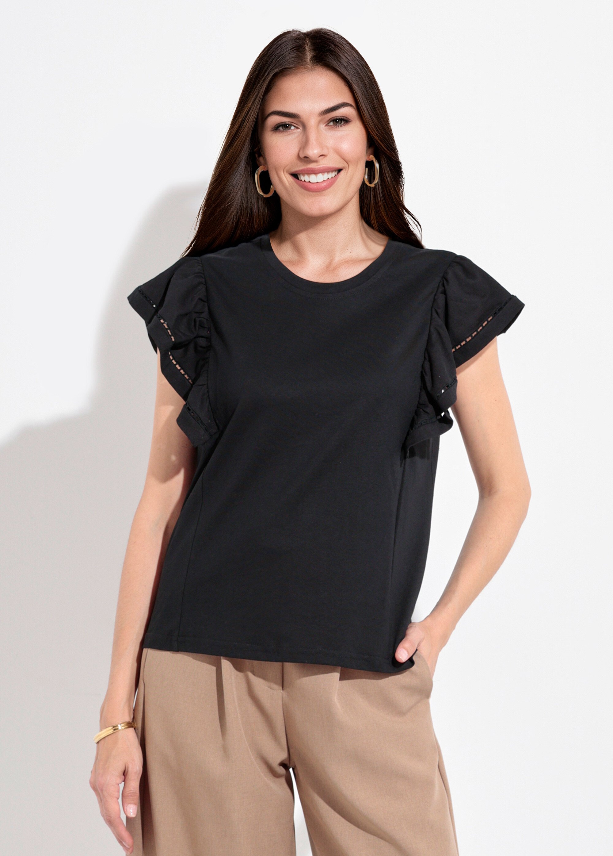 T-shirt manches courtes volantées ajourées Femme Noir JB-TS0031 FA1