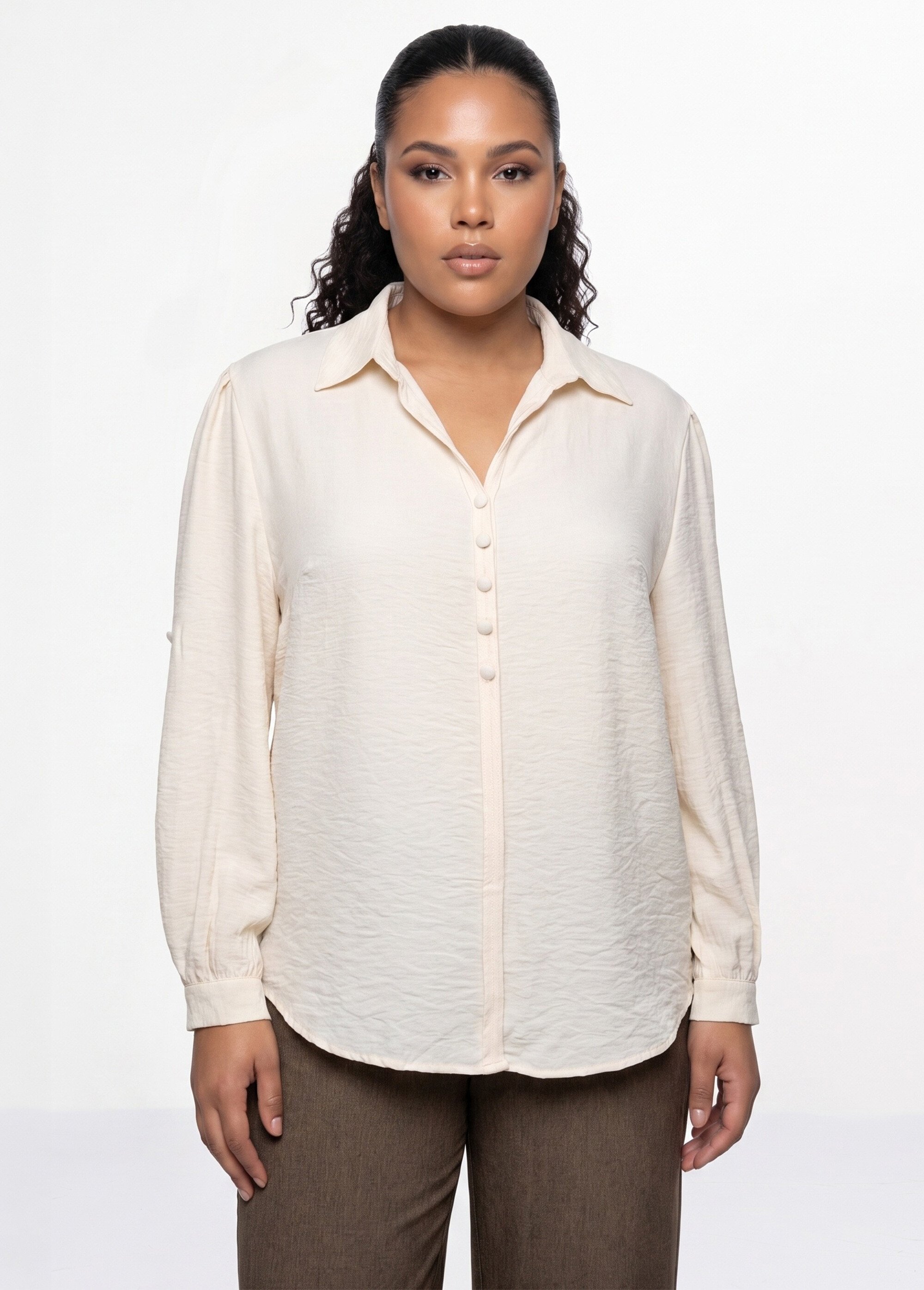 Blouse boutonnée unie col V Femme Grande Taille Beige CHY-F695-1 FA1
