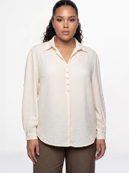 Blouse boutonnée unie col V Femme Grande Taille Beige CHY-F695-1 FA1