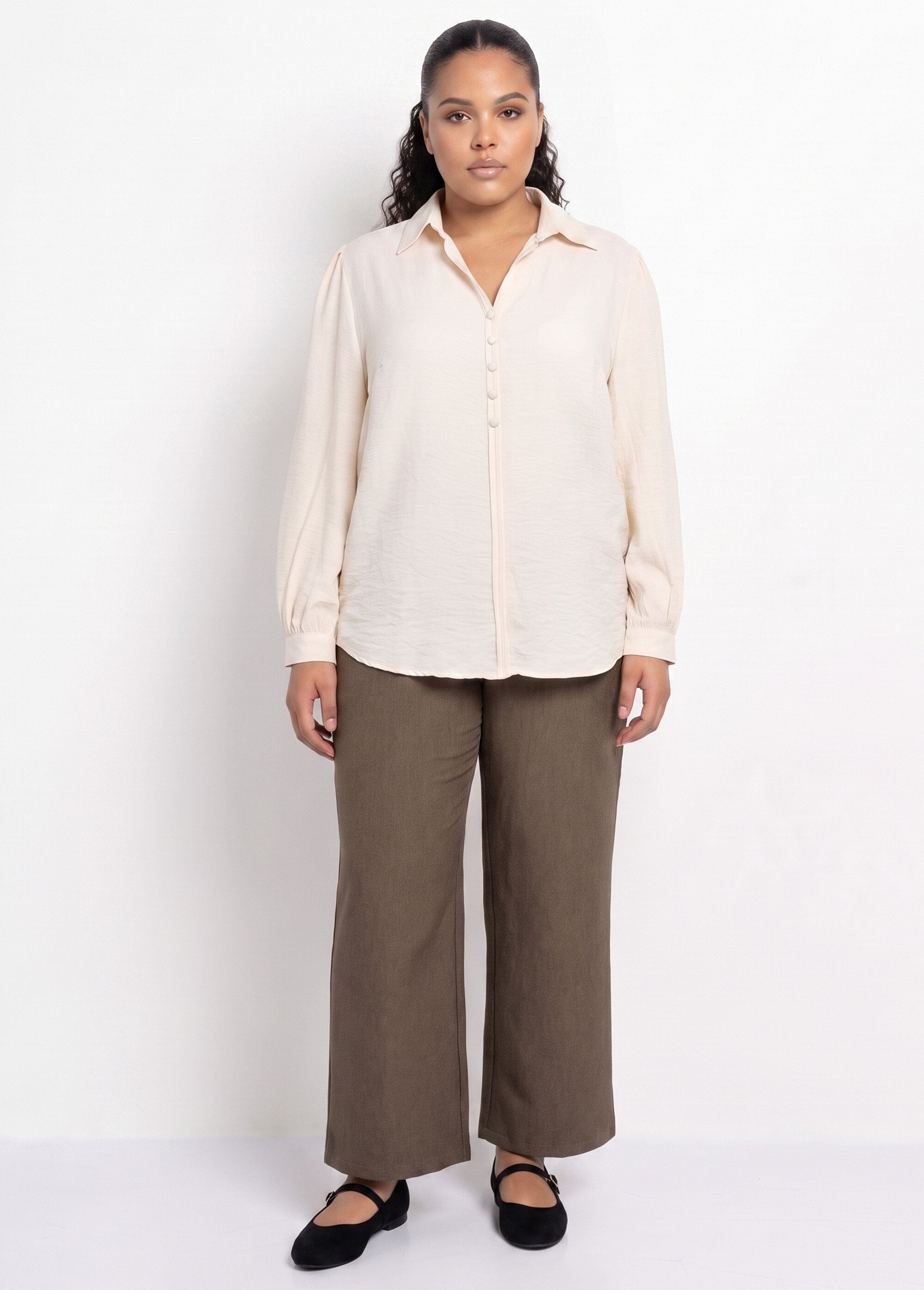 Blouse boutonnée unie col V Femme Grande Taille Beige CHY-F695-1 SI1