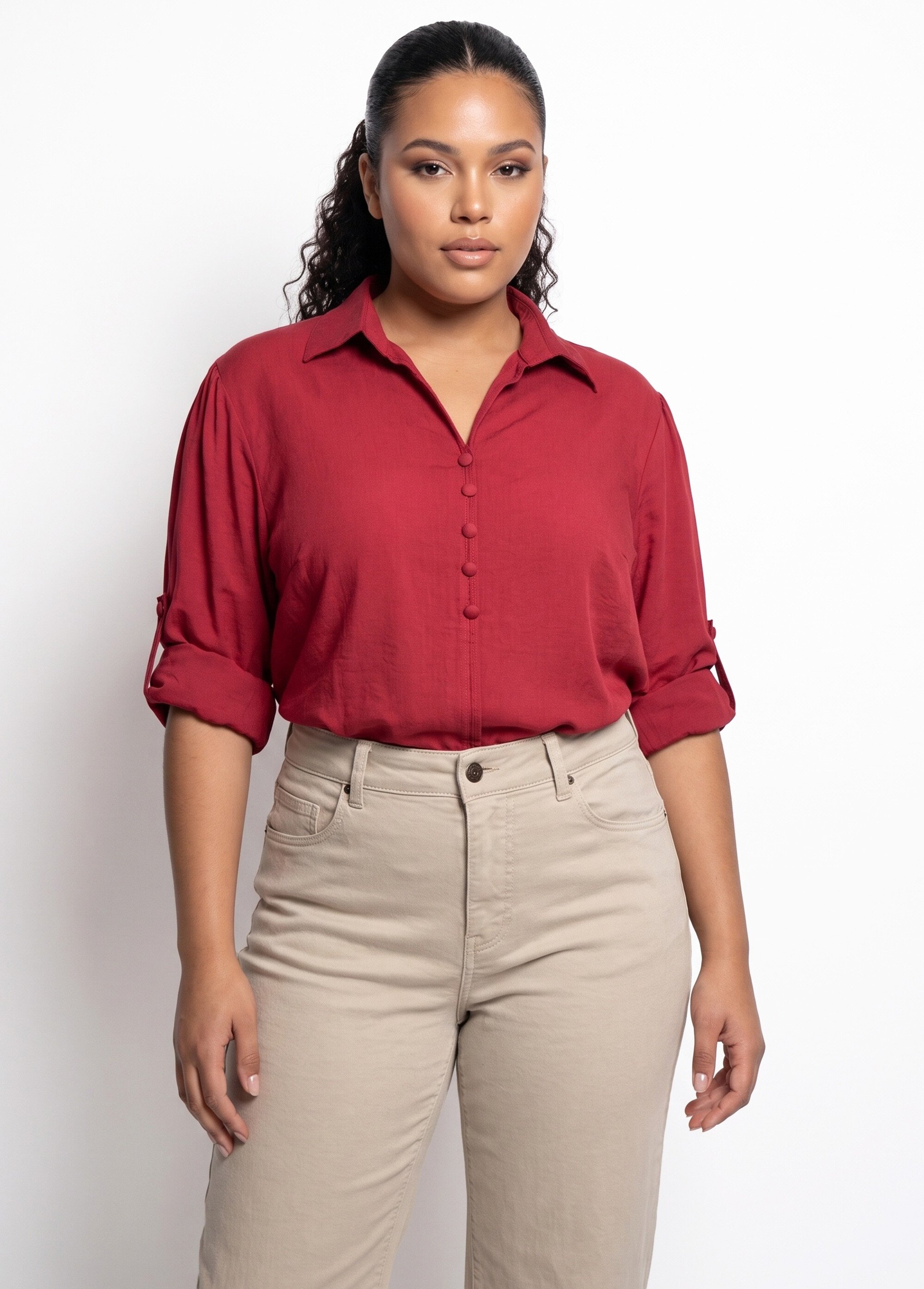Blouse boutonnée unie col V Femme Grande Taille Rouge CHY-F695-1 FA1