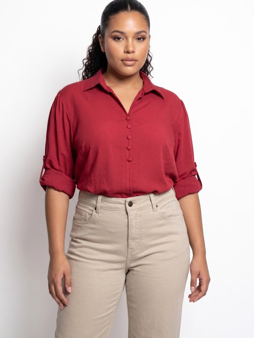 Blouse boutonnée unie col V Femme Grande Taille Rouge CHY-F695-1 FA1