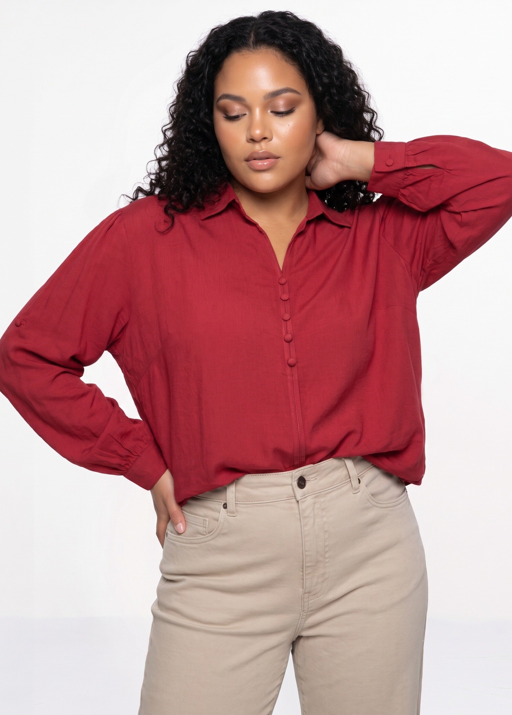 Blouse boutonnée unie col V Femme Grande Taille Rouge CHY-F695-1 MV1