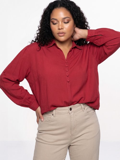 Blouse boutonnée unie col V Femme Grande Taille Rouge CHY-F695-1 MV1
