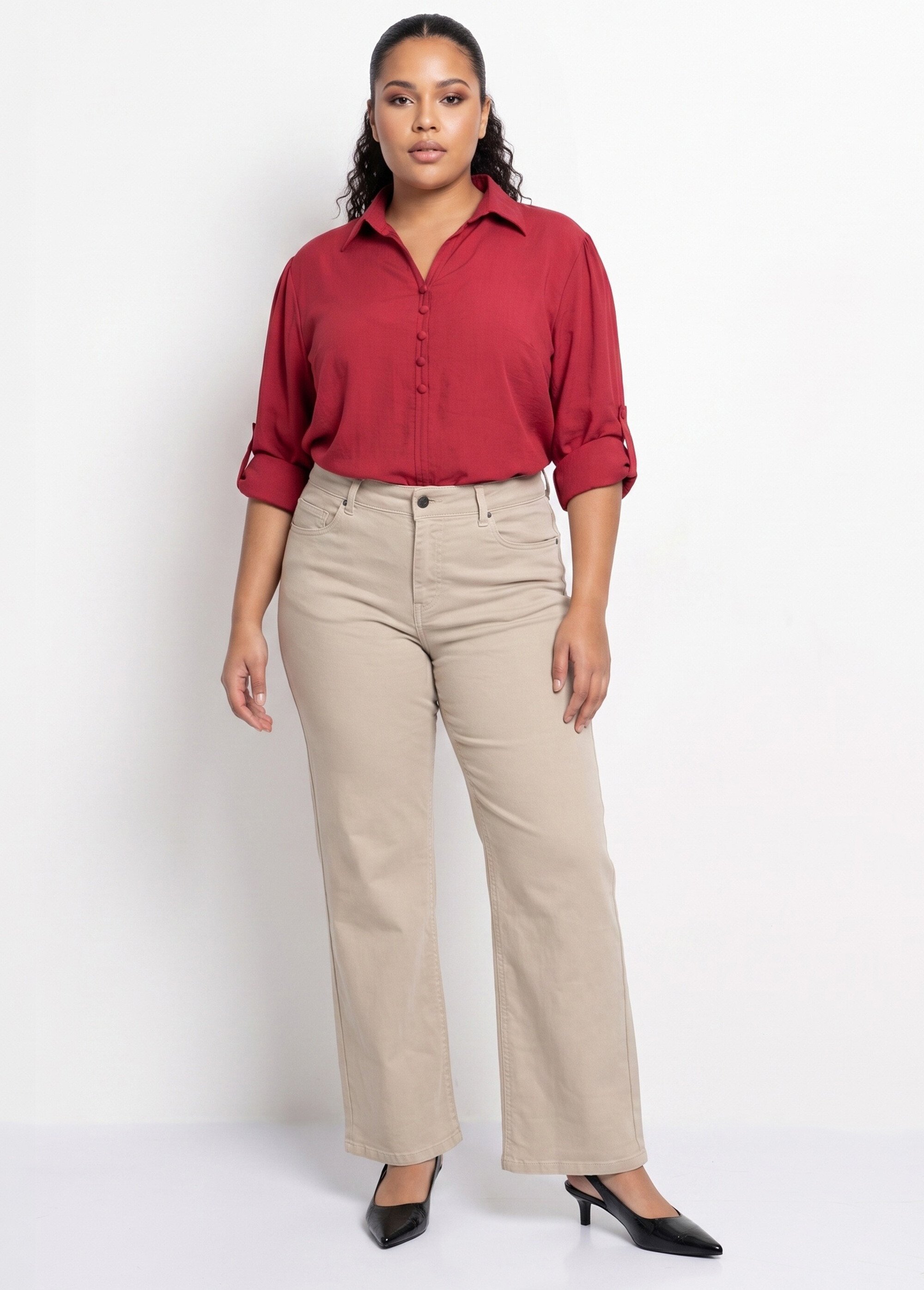 Blouse boutonnée unie col V Femme Grande Taille Rouge CHY-F695-1 SI1