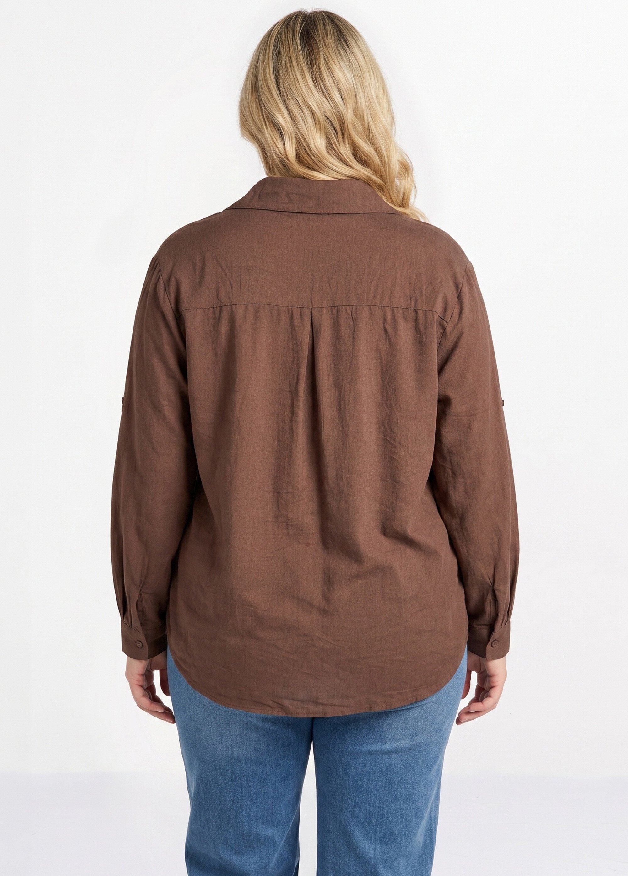 Blouse boutonnée unie col V Femme Grande Taille Marron CHY-F695-1 DO1