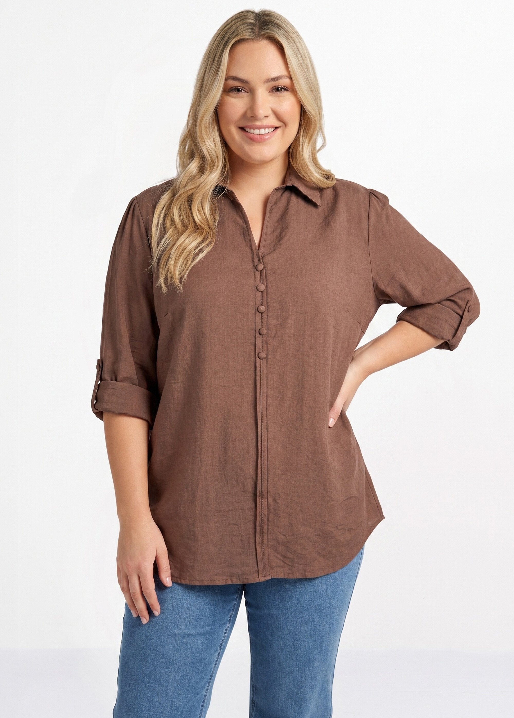 Blouse boutonnée unie col V Femme Grande Taille Marron CHY-F695-1 FA1