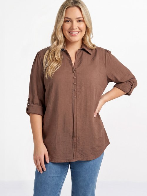 Blouse boutonnée unie col V Femme Grande Taille Marron CHY-F695-1 FA1