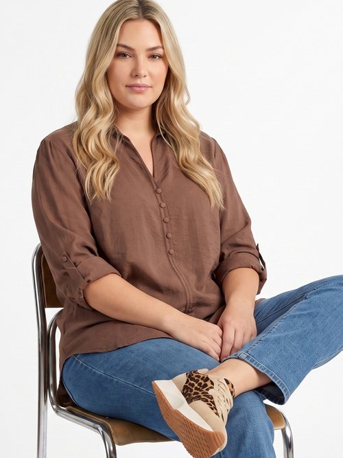 Blouse boutonnée unie col V Femme Grande Taille Marron CHY-F695-1 MV1