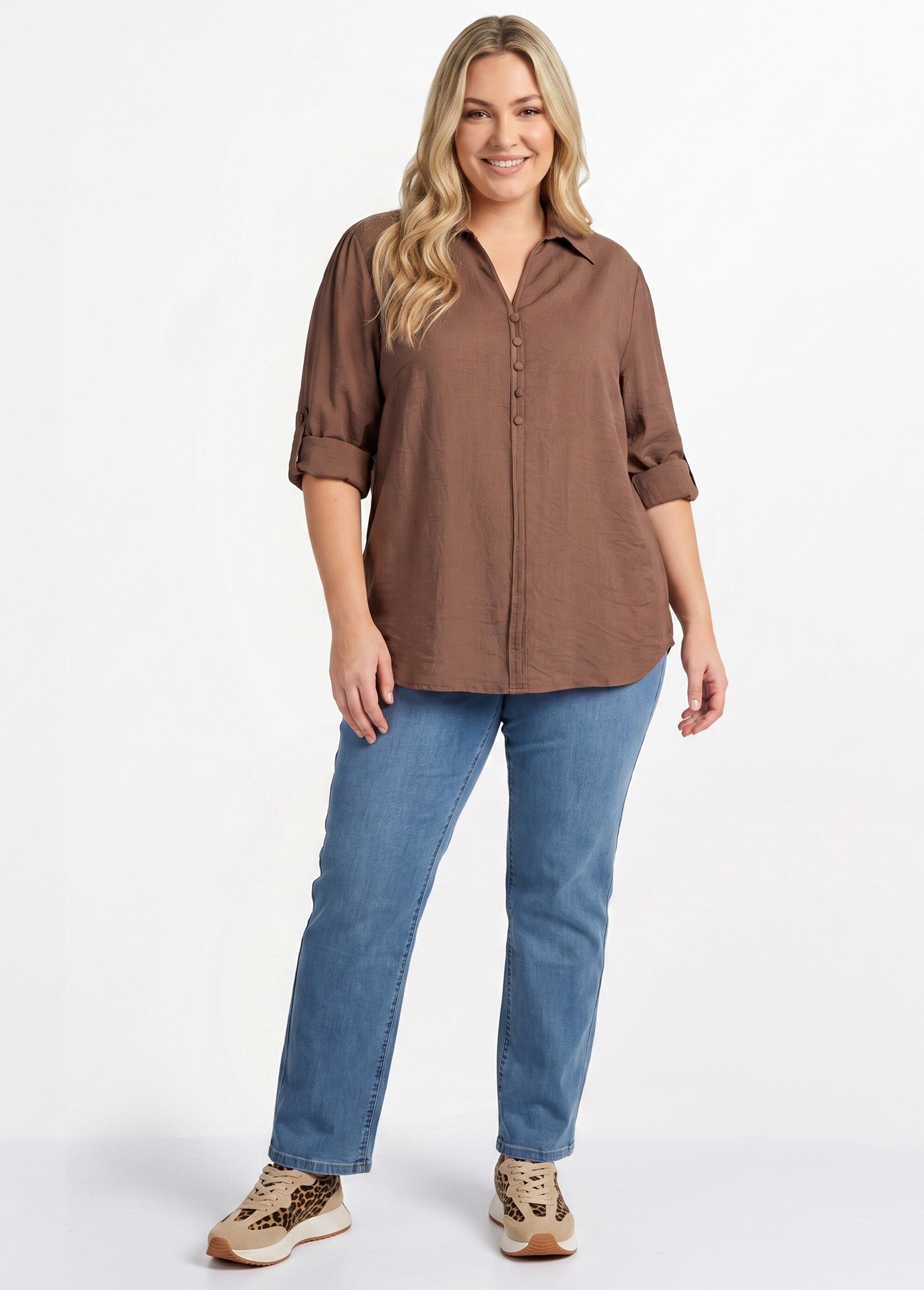 Blouse boutonnée unie col V Femme Grande Taille Marron CHY-F695-1 SI1