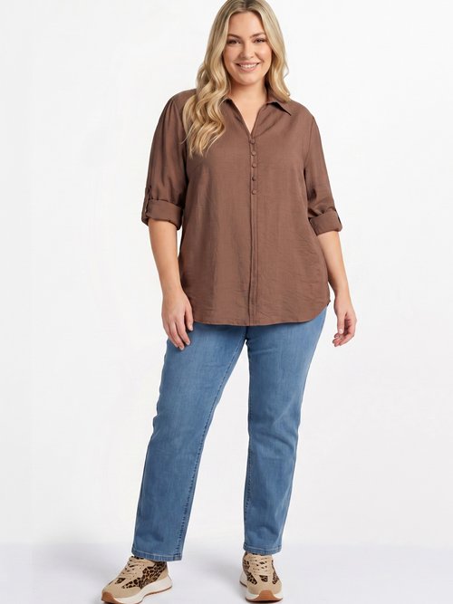 Blouse boutonnée unie col V Femme Grande Taille Marron CHY-F695-1 SI1
