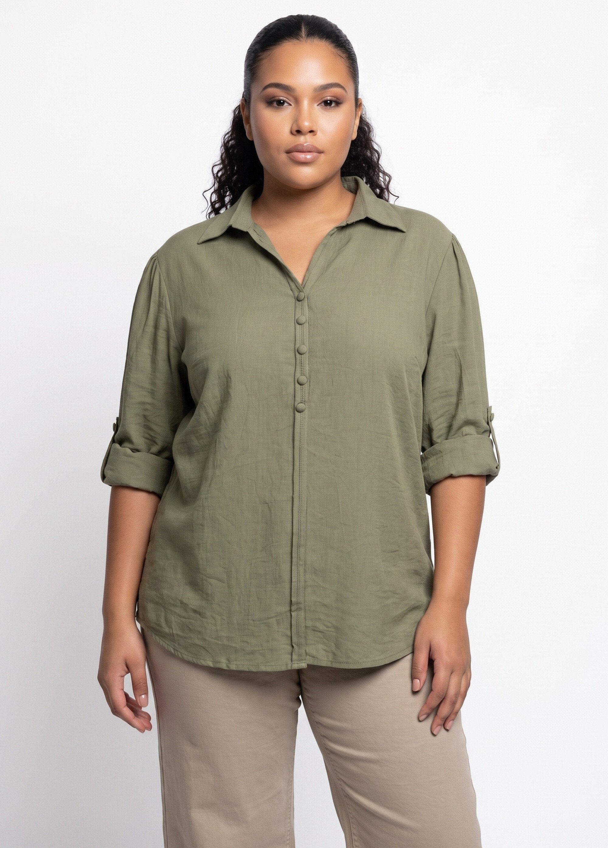 Blouse boutonnée unie col V Femme Grande Taille Vert CHY-F695-1 FA1