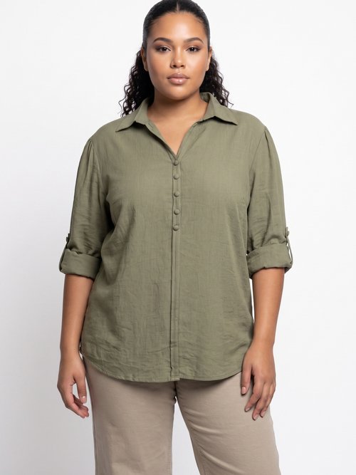 Blouse boutonnée unie col V Femme Grande Taille Vert CHY-F695-1 FA1