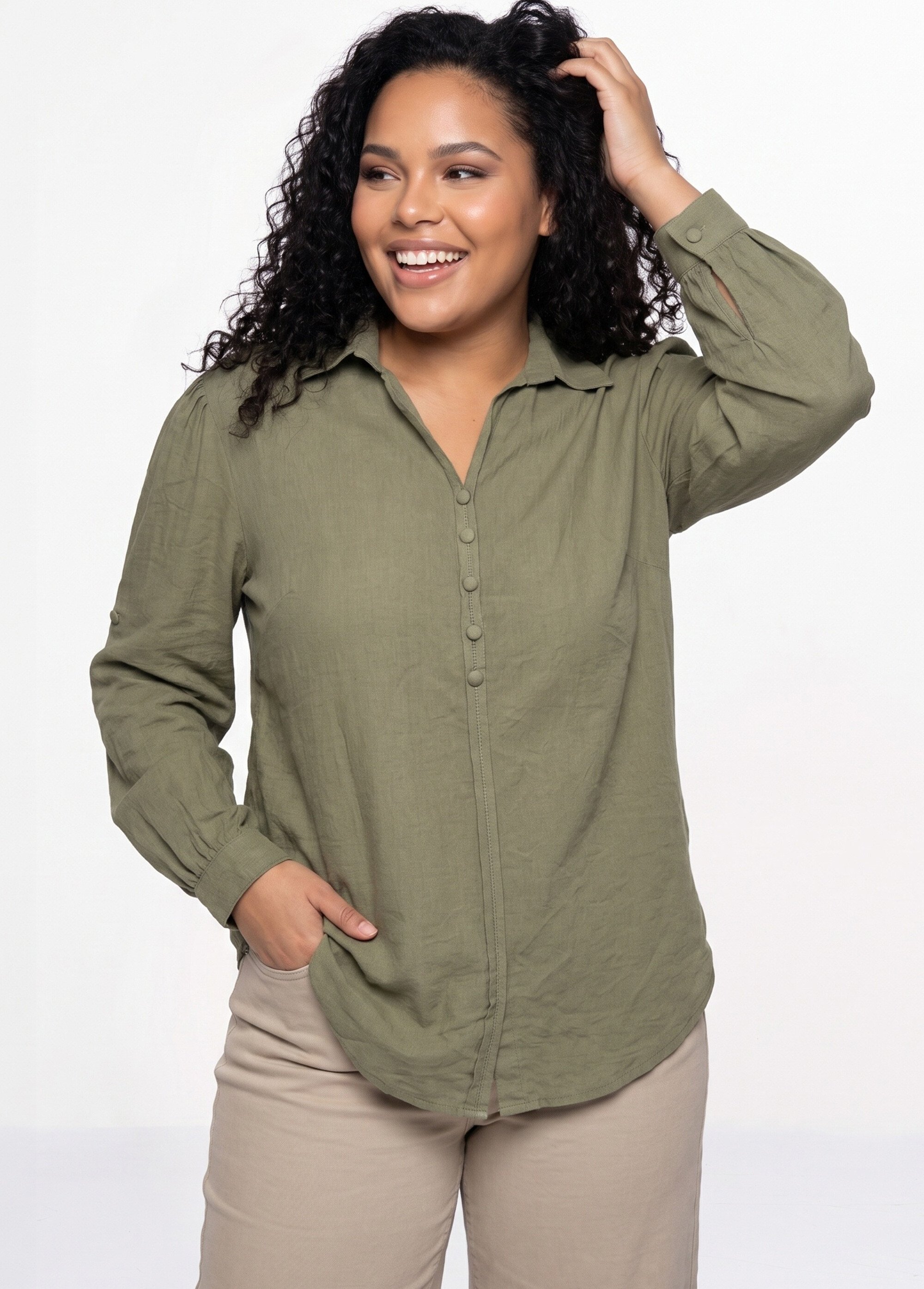 Blouse boutonnée unie col V Femme Grande Taille Vert CHY-F695-1 MV1