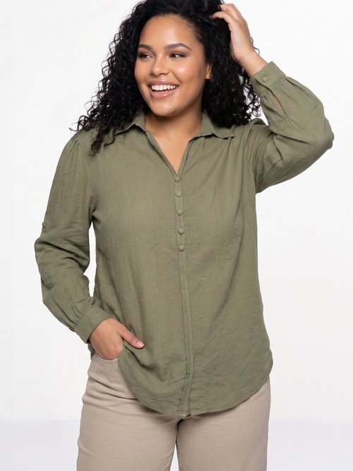 Blouse boutonnée unie col V Femme Grande Taille Vert CHY-F695-1 MV1