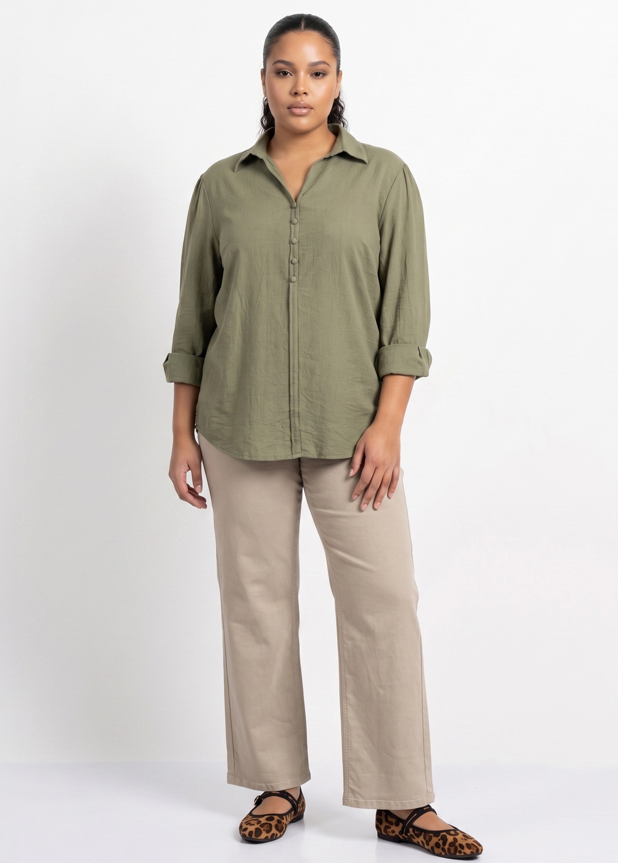 Blouse boutonnée unie col V Femme Grande Taille Vert CHY-F695-1 SI1