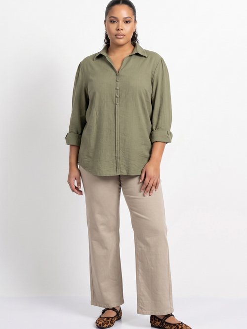 Blouse boutonnée unie col V Femme Grande Taille Vert CHY-F695-1 SI1